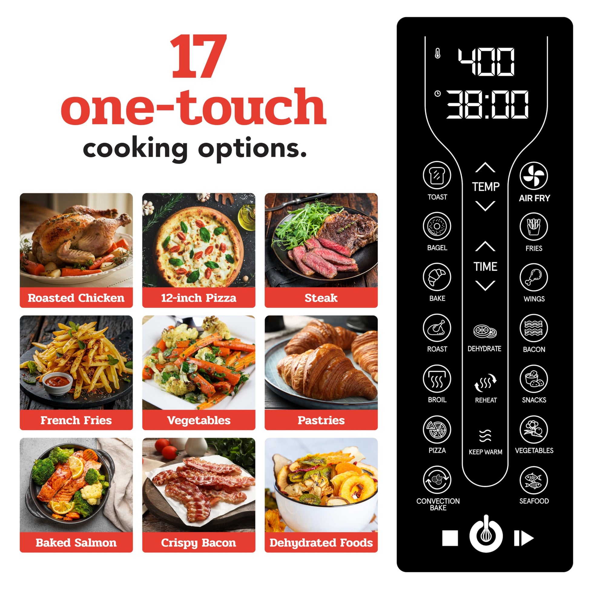 Gourmia Toaster Oven Air Fryer Combo 17 cooking presets 1700W french door digital air fryer oven 24L capacity accessories, convection rack, baking pan tray recipe book GTF7460,Large,Black