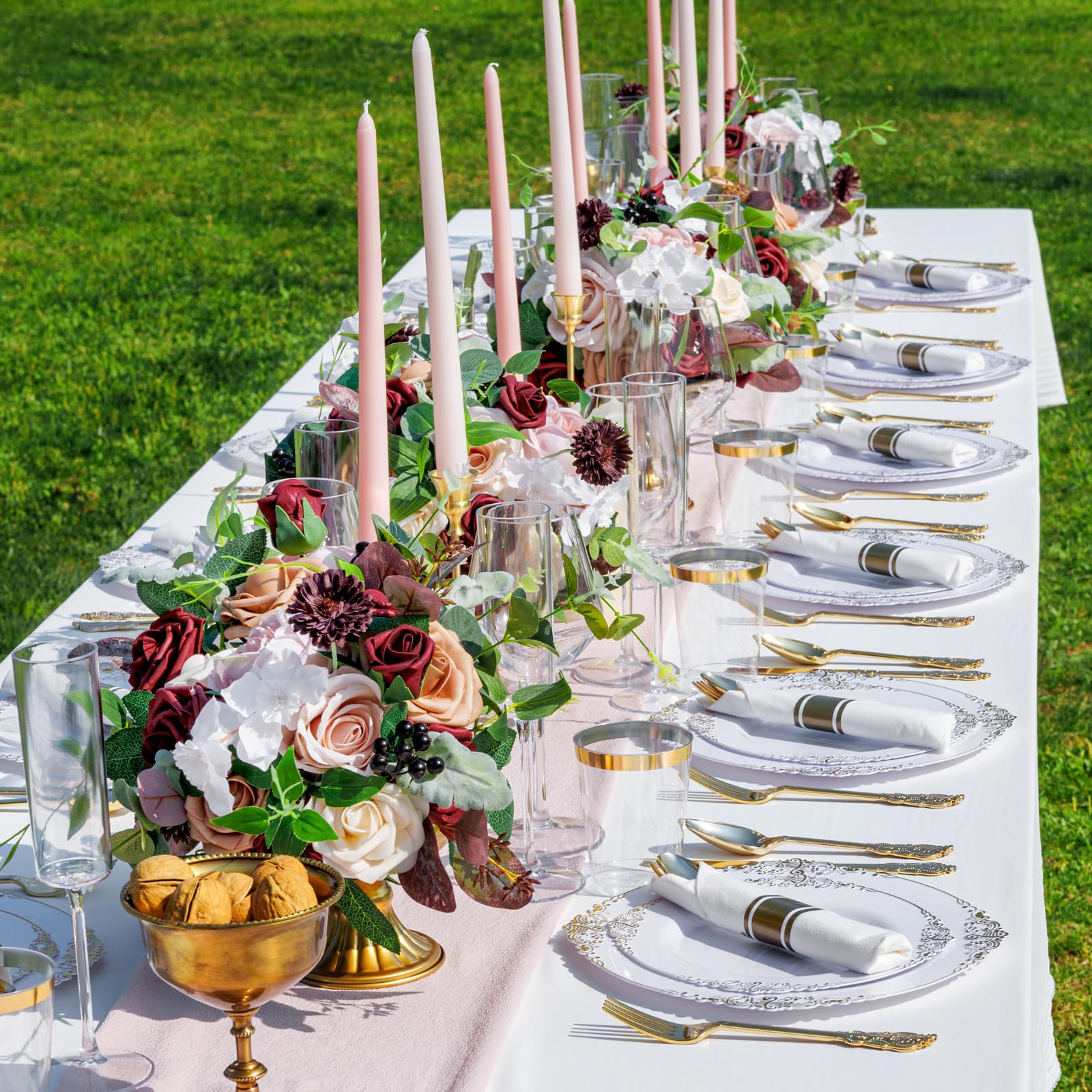 Nervure 350PCS Gold Plastic Plates - Gold Plastic Dinnerware Sets for 50 Guests - 100 Disposable Plates, 150 Silverware, 50 Cups, 50 Napkins for Wedding & Party & Thanksgiving