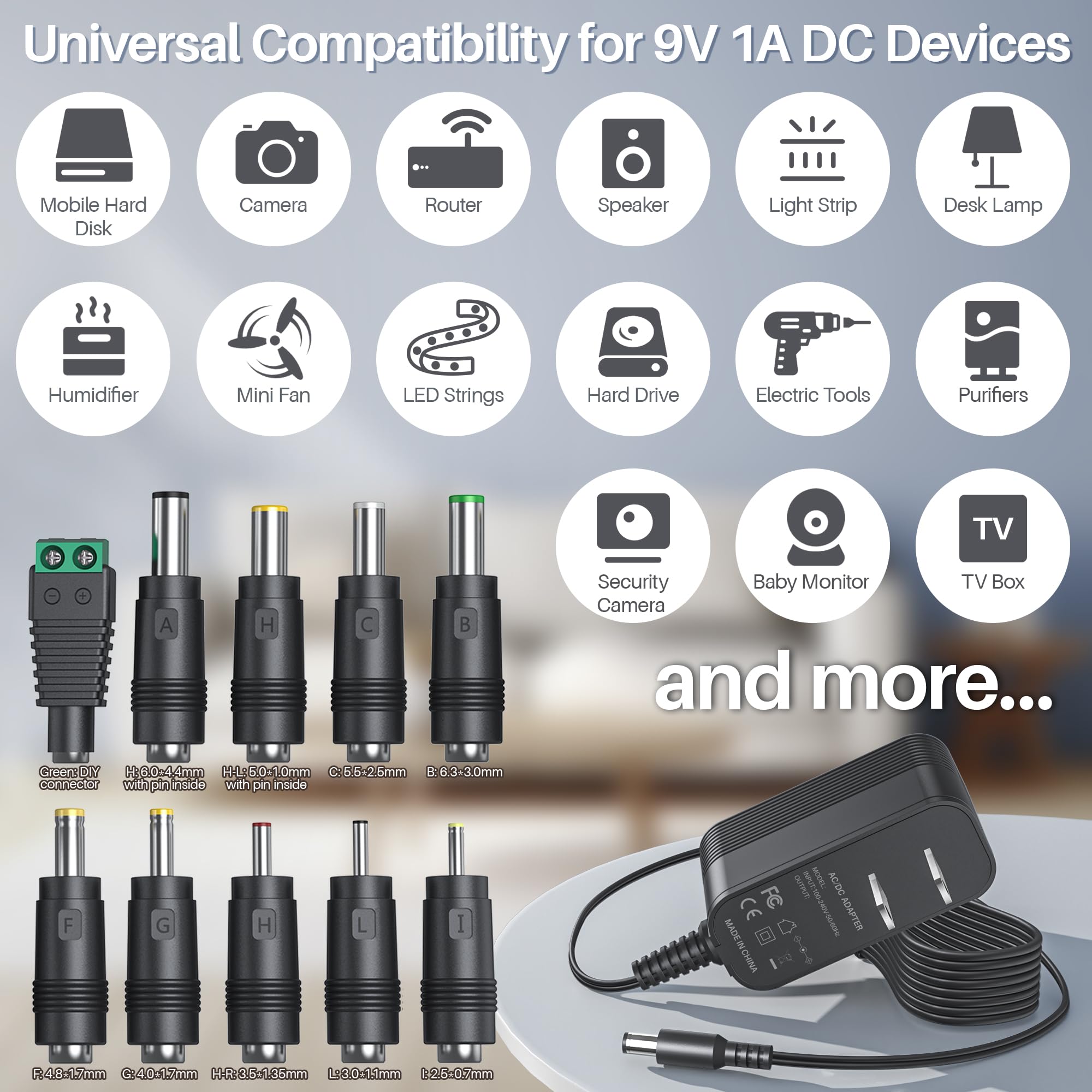 9V Power Supply AC Adapter DC 9V Power Cord Universal Power Adapter 9V Charger with 10 Interchangeable Jacks Compatible with 1000mA 900mA 800mA 700mA 600mA 500mA 400mA 300mA 200mA 100mA Electronics