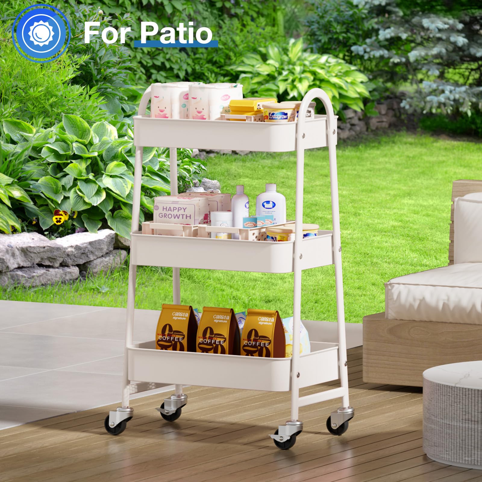 OLIXIS 3 Tier Utility Rolling Cart, Metal Mobile Storage Shelf with Lockable Caster Wheels, Organization for Livingroom, Bathroom, Kitchen, & Narrow Places, White