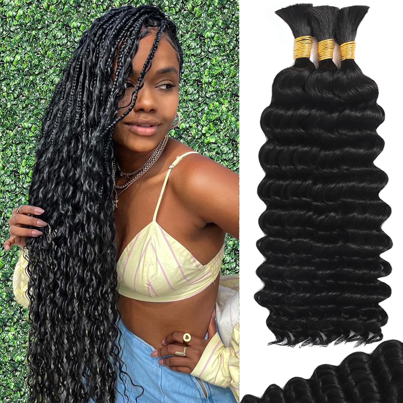 Echthaar zum Flechten für Boho Braids, Echthaar, 110g, 20 Zoll, lockiges Boho-Haar zum flechten ohne Knoten, 12A, Deep Wave, lose, Böhmisch, 3 Bündel/Packung, Naturfarbe