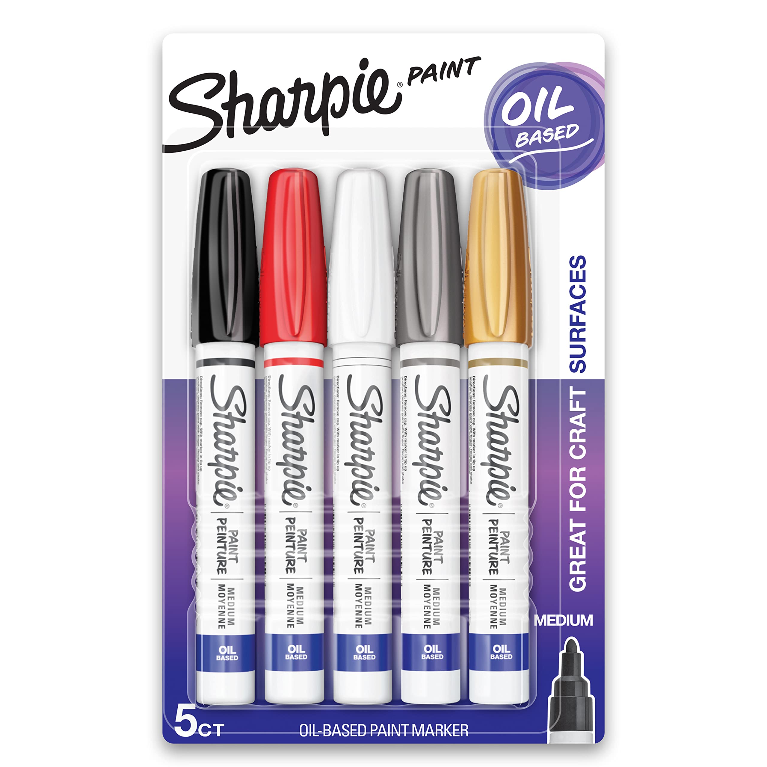 Sharpie Oil-Based Paint Markers, Medium Point, Bright Colors, 5 Count - Great for Rock Painting