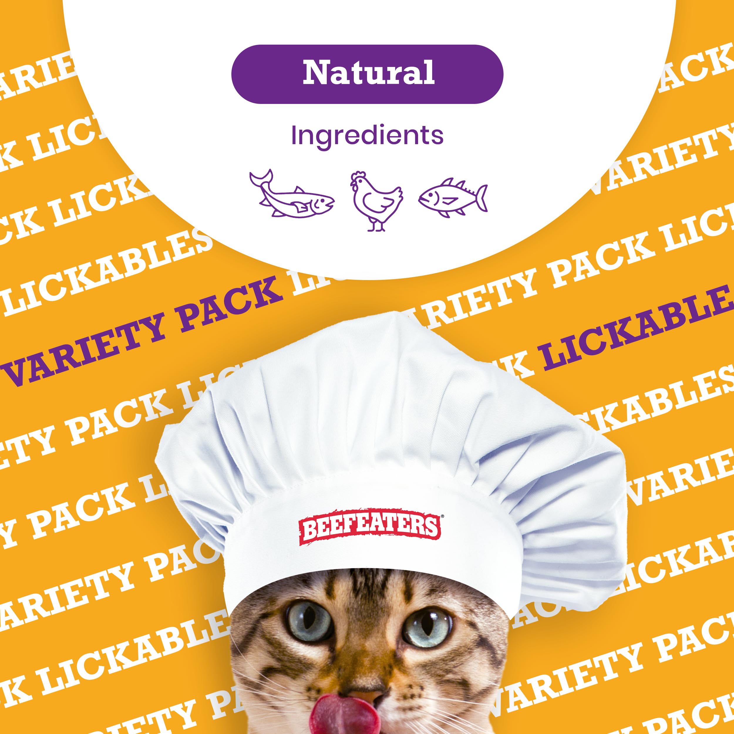 Beefeaters Cat Treats Variety Pack Lickable Puree 48ct – Salmon, Tuna & Chicken, Grain-Free, Taurine-Enriched, Ideal for Training & Interactive Feeding