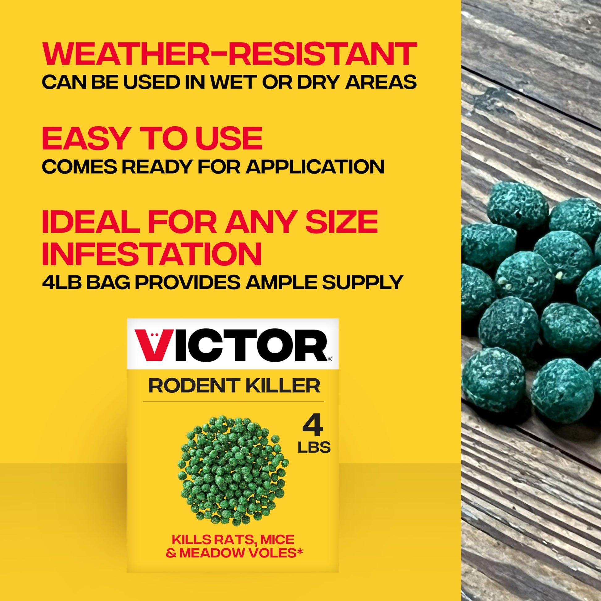 Victor Rat Poisoning for Inside & Outside Use - Kills Rats, Mice, Meadow Voles | Mouse Poisoning for Indoor & Outdoor Areas, Ready-to-Use, 4 lb Bag - M925