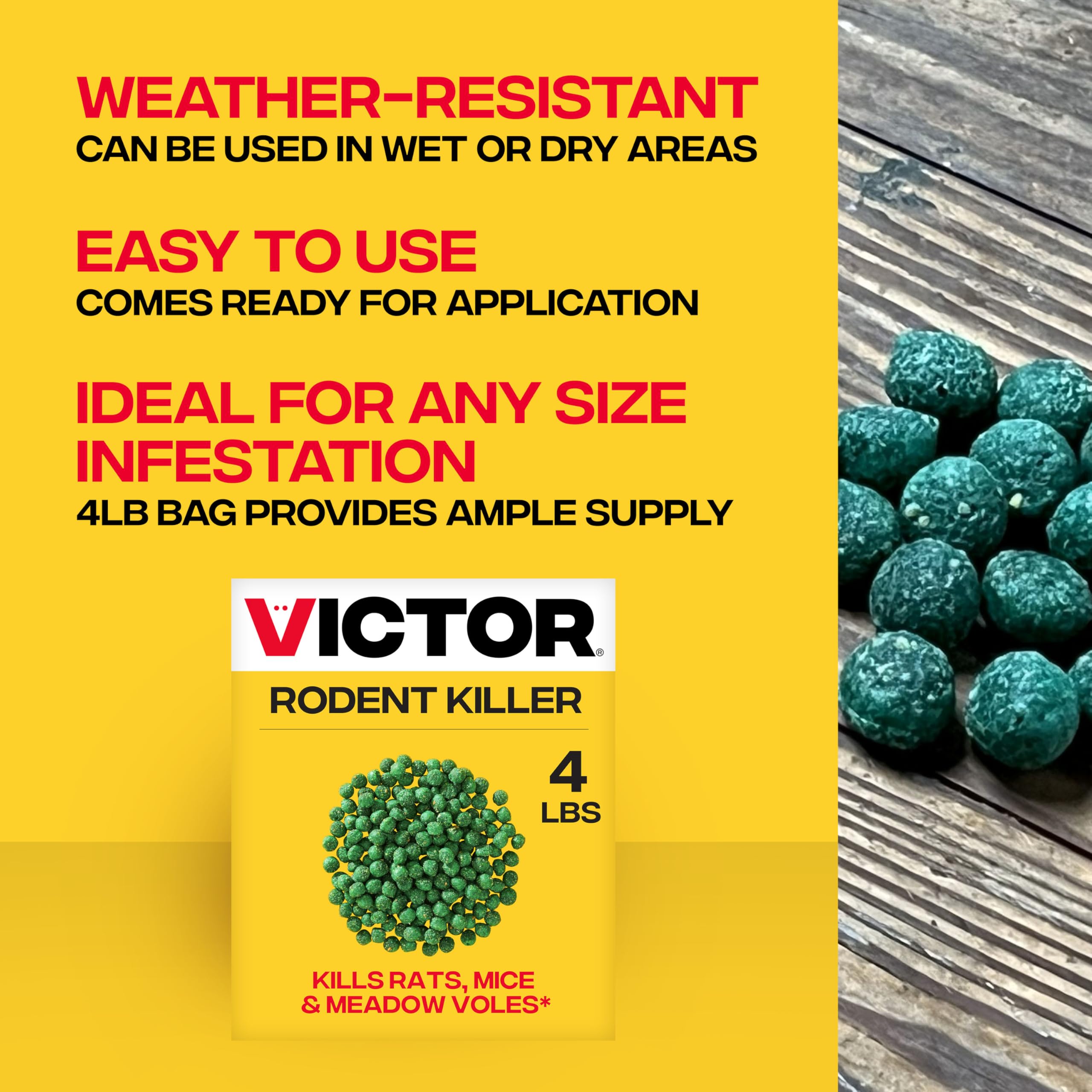 Victor Rat Poisoning for Inside & Outside Use - Kills Rats, Mice, Meadow Voles | Mouse Poisoning for Indoor & Outdoor Areas, Ready-to-Use, 4 lb Bag - M925
