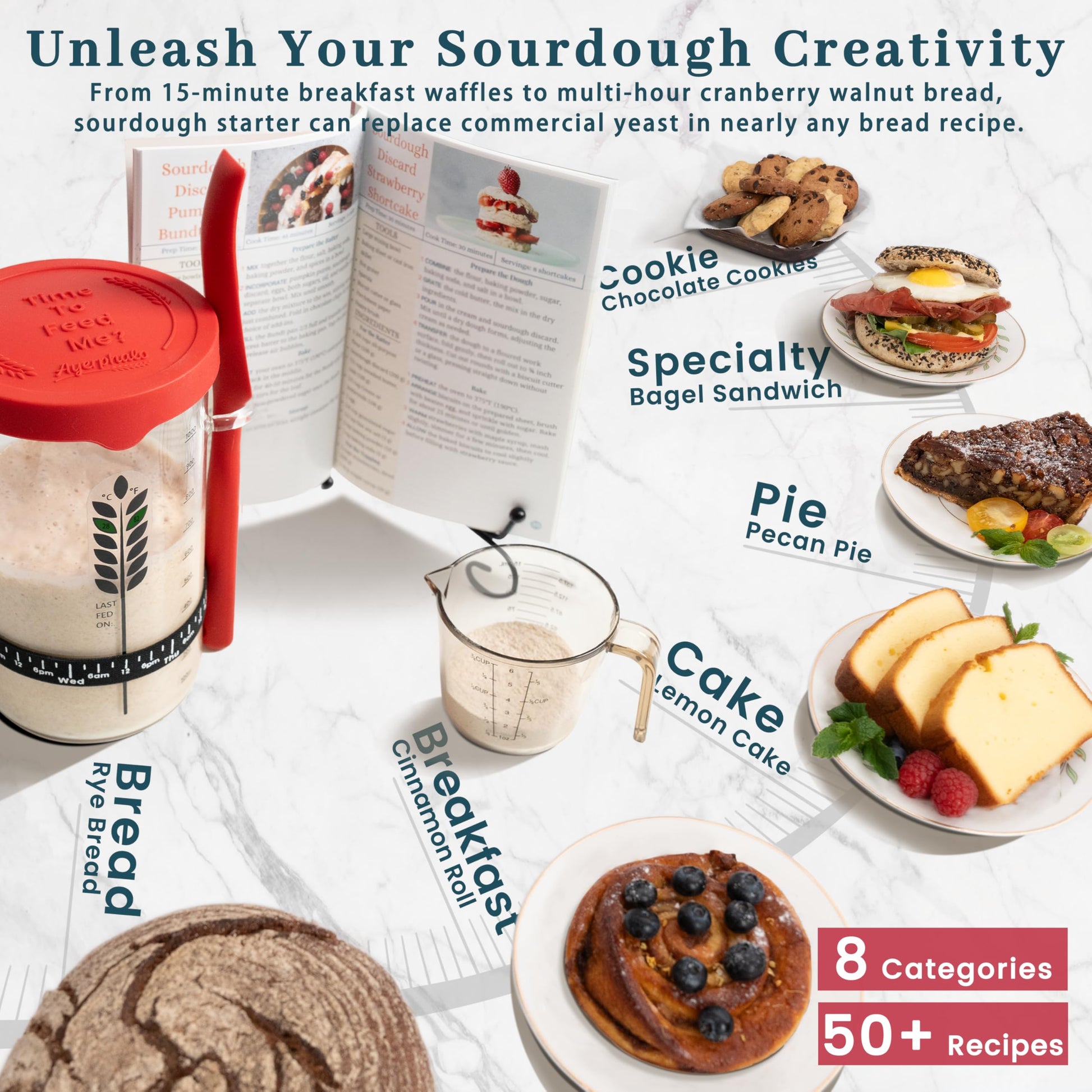 Sourdough Starter Kit - 38oz with Cookbook, Measuring Cup, Spatula, Wide Mouth Jar Cover, Thermometer, Date Marked Feeding Band, Glass Jar for Baker, Bread Baking Supplies