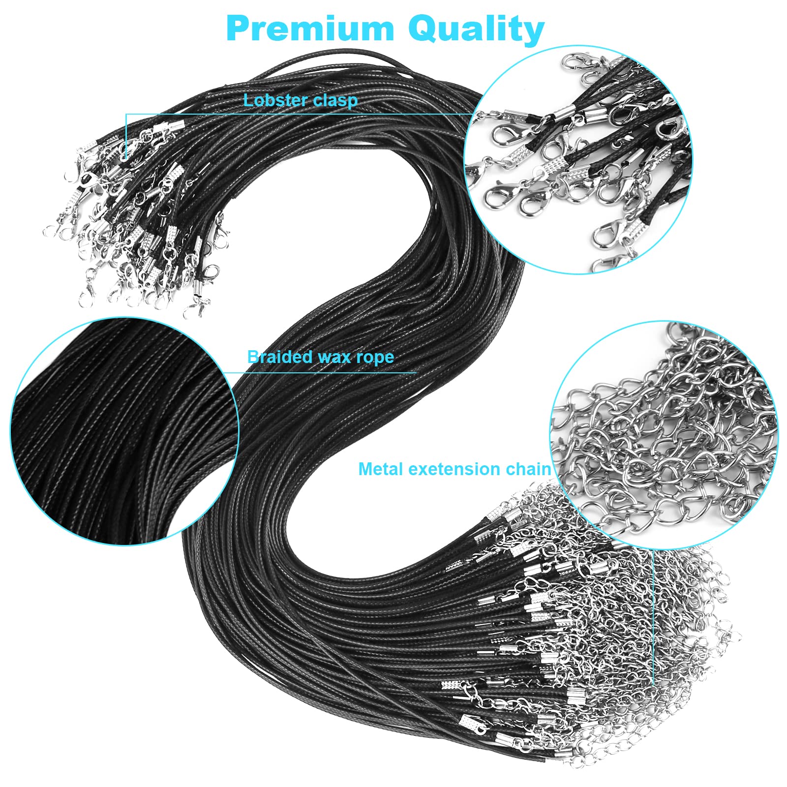 100Pcs Premium Leather Necklace Chains Bracelet Cord with Clasps for Pendants, Bulk Waxed Rope Necklace String, Black , 18" for Jewelry Making Supplies, 1.5mm DHOOZ