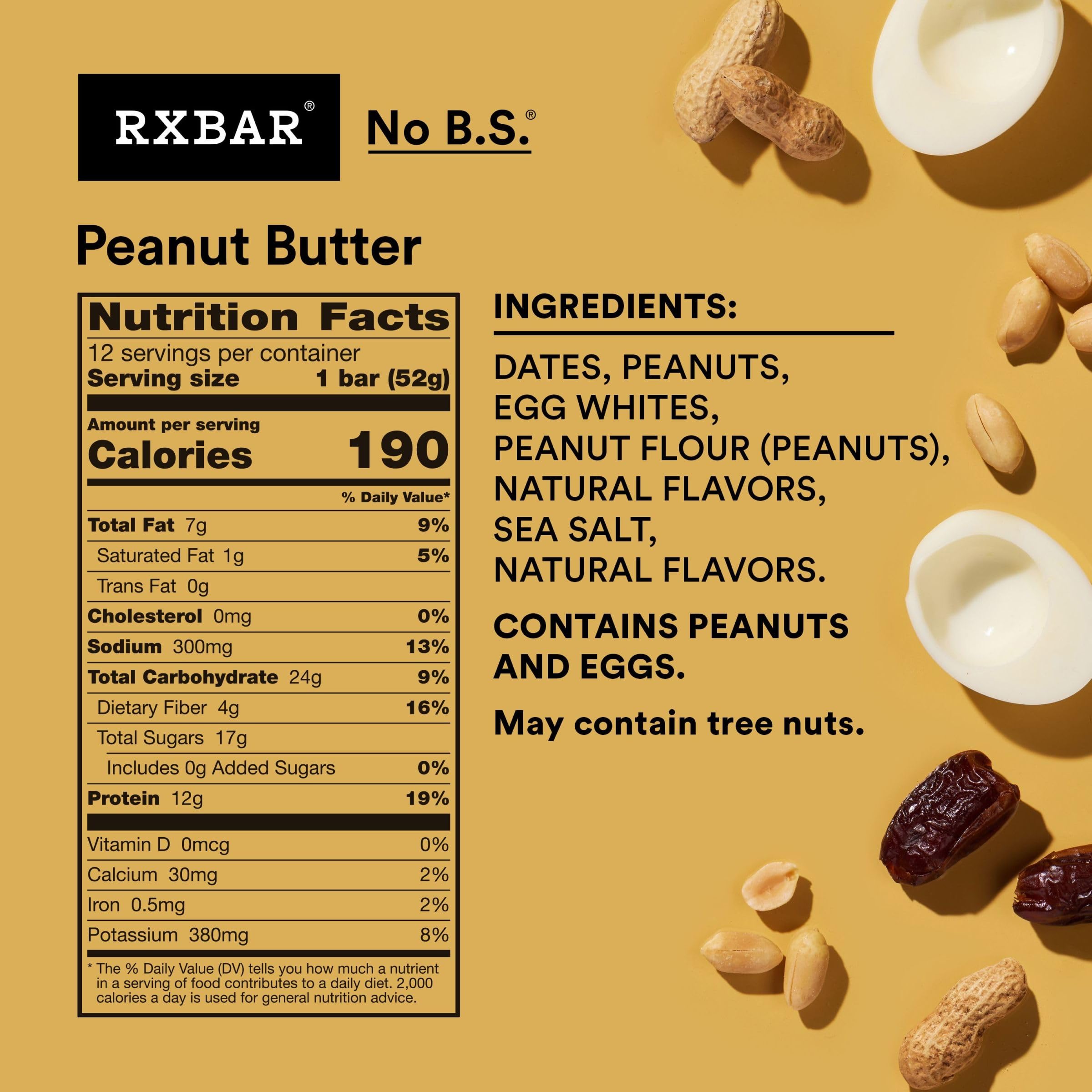 RXBAR Protein Bars, 12g Protein, Gluten Free Snacks, Snack Bars, Peanut Butter, 22oz Box (12 Bars)