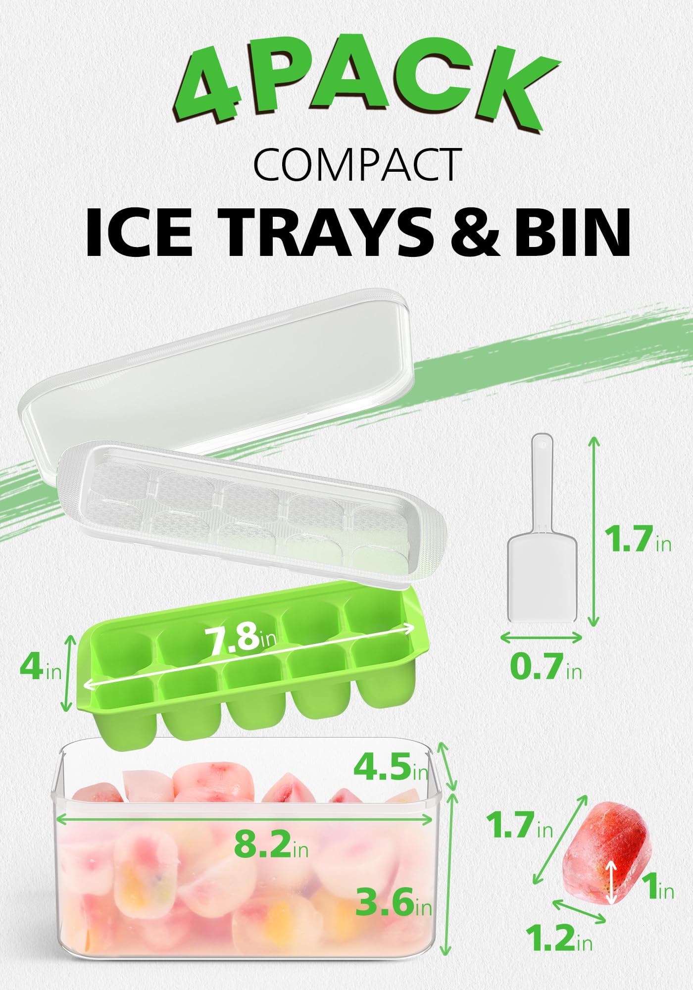 DOQAUS Ice Cube Tray with Lid and Bin, 4 Pack Easy Pop Out Silicone Ices Cubes Trays for Freezer with Cover, Stackable Compact Ice Bucket Kits, for Soup, Food, Cocktail, Coffee