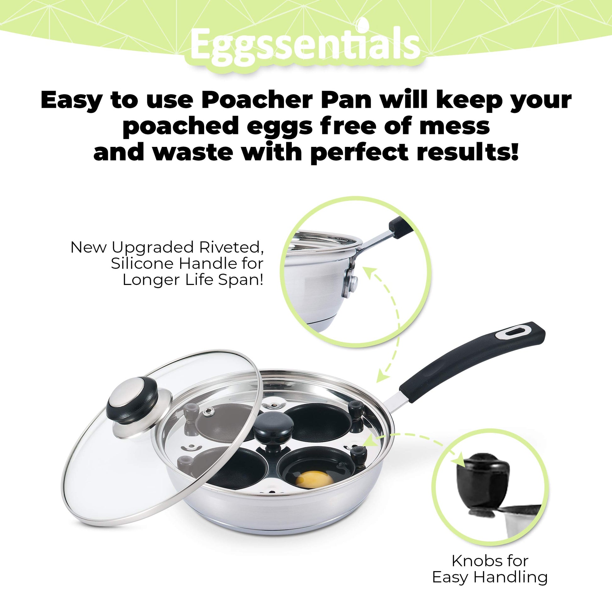 Egg Poacher - Eggssentials Poached Egg Maker, Stainless Steel Egg Poaching Pan, Poached Eggs Cooker Food Grade Safe PFOA Free with Spatula.
