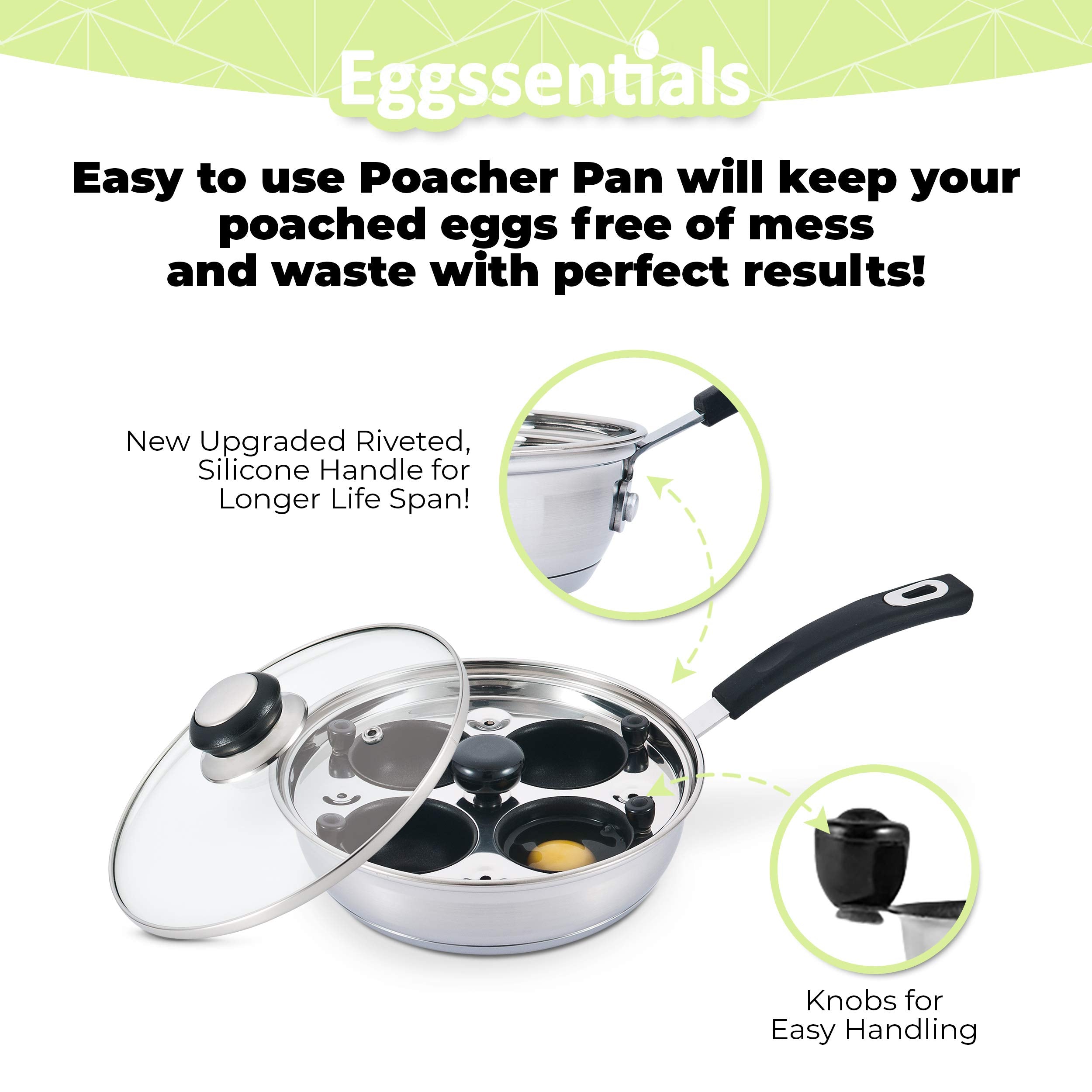Egg Poacher - Eggssentials Poached Egg Maker, Stainless Steel Egg Poaching Pan, Poached Eggs Cooker Food Grade Safe PFOA Free with Spatula.
