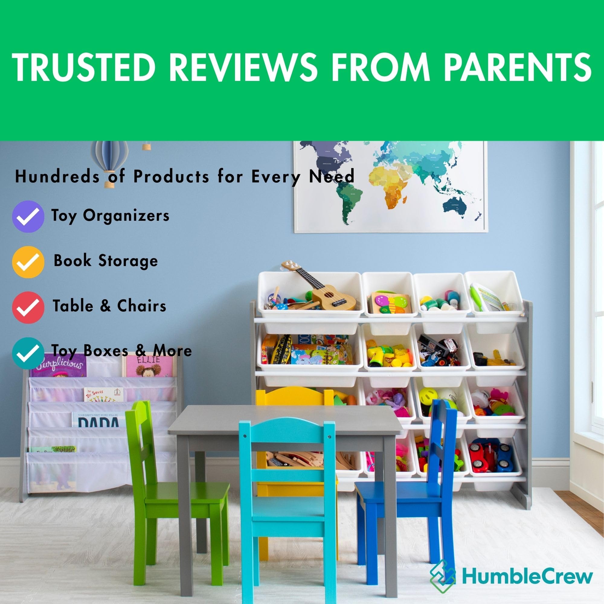 Humble Crew 4-Tier Kids Bookshelf, Grey Wood/White - Premium Book Shelf for Kids Rooms with Four Deep Pockets - Toddler Sling Book Rack with Deep Sleeves, Nursery Bookcase Organizer