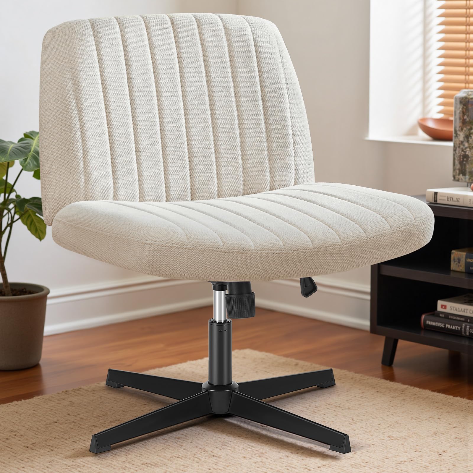 DUMOS Criss Cross Chair Legged Office Wide Comfy Desk Seat, No Wheels Armless Computer Task Seating, Swivel Comfy Vanity Fabric Modern Home Height Adjustable