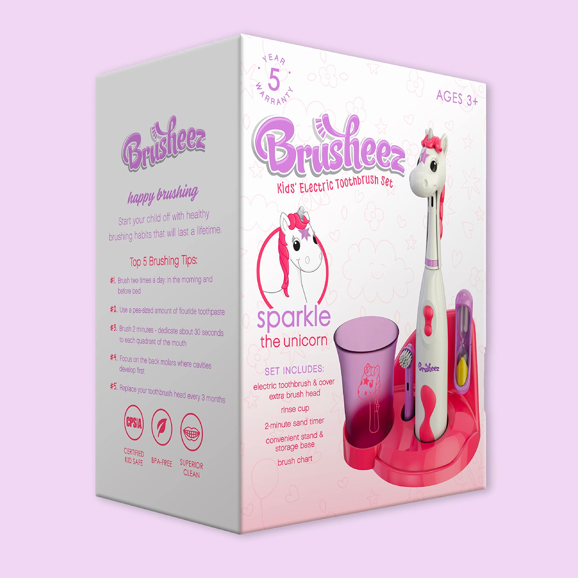 Brusheez Kids’ Electric Toothbrush Set - Safe & Effective for Ages 3+ - Parent Tested & Approved with Gentle Bristles, 2 Brush Heads, Rinse Cup, 2-Minute Timer, & Storage Base (Sparkle The Unicorn)