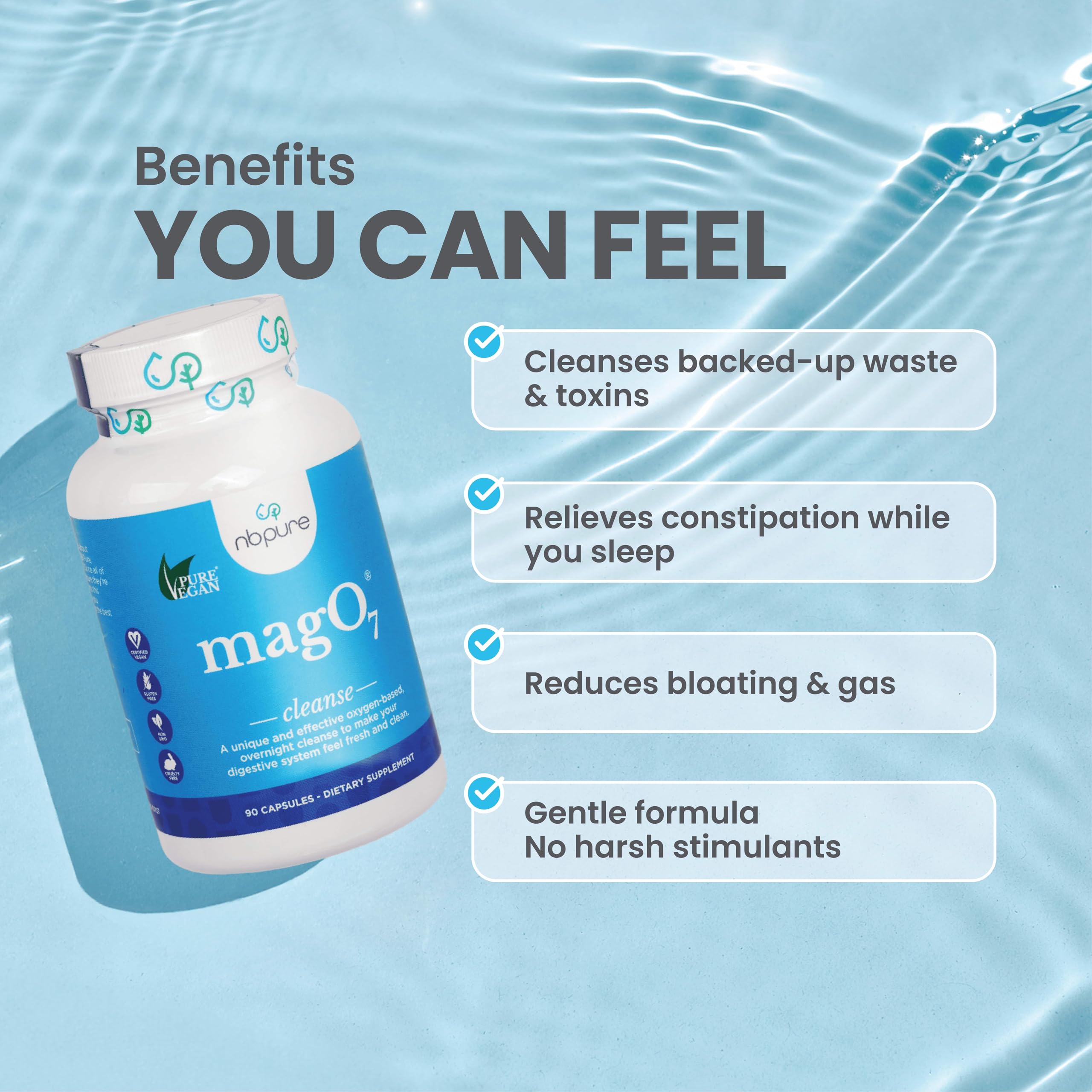 nbpure MagO7 - Natural Colon Cleanse & Detox - Occasional Constipation Relief, Stool Softening, & Bloating Support for Men & Women - Ozonated Magnesium Oxide, 180 Capsules