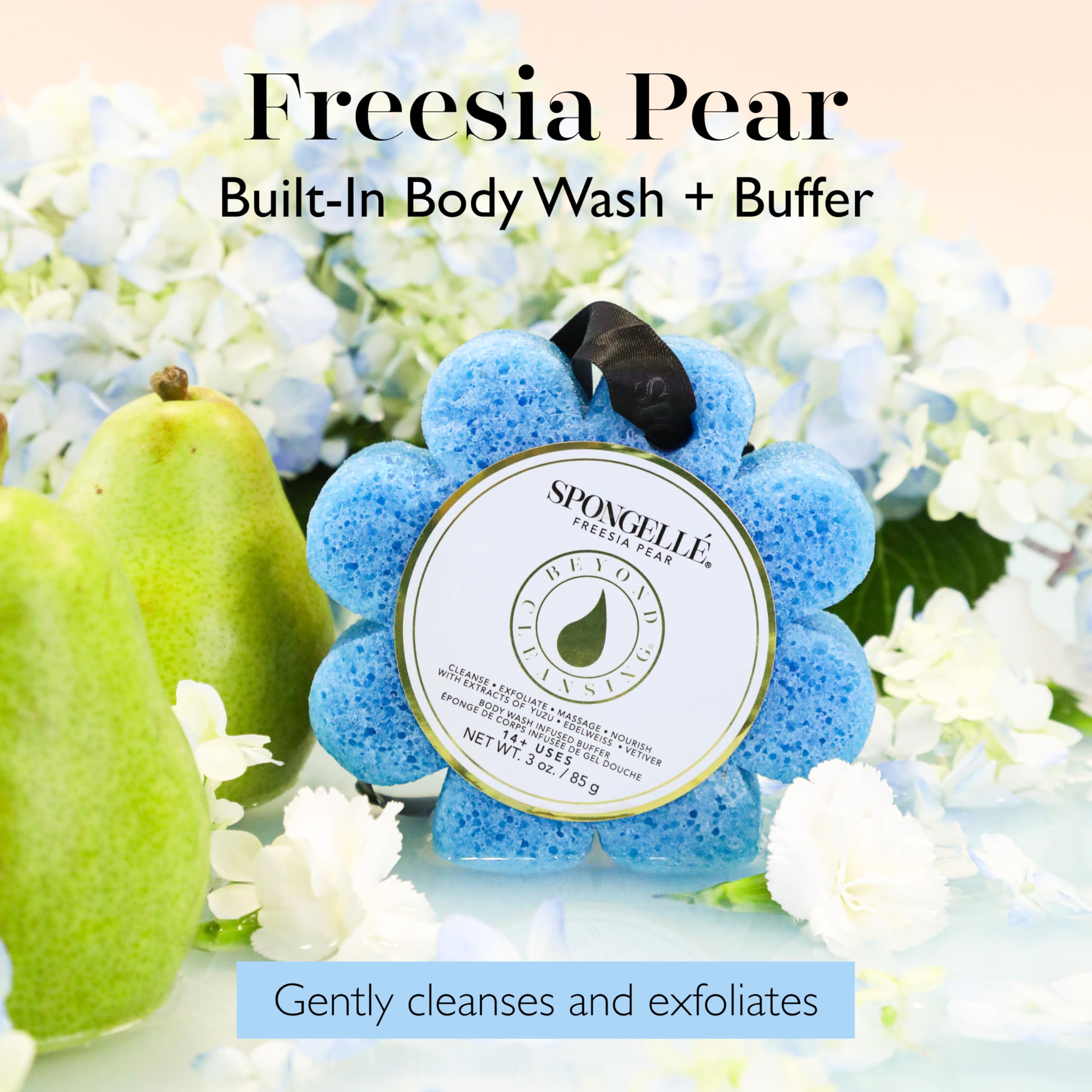 Spongelle Freesia Pear Wild Flower Buffer Body Scrubber | Bath & Shower Loofah for Women | Exfoliator with Body Wash Infused Sponge | 14+ uses