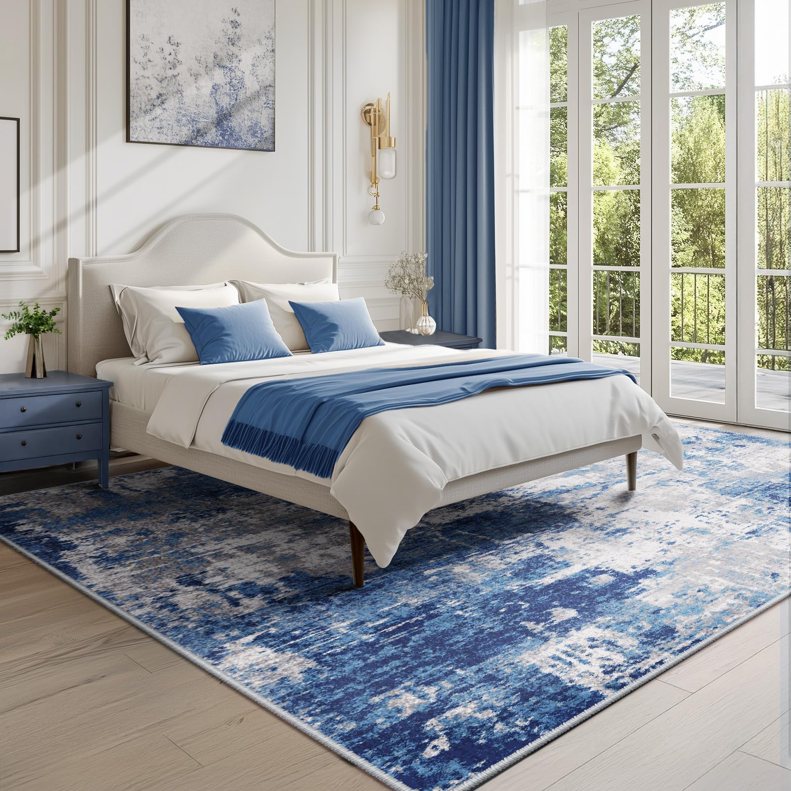 RELEANY Washable Area Rugs 5'x7' Non-Slip Modern Abstract Soft for Living Room Entryway Bedroom Nursery, Print Pattern, Blue Grey Navy Gray