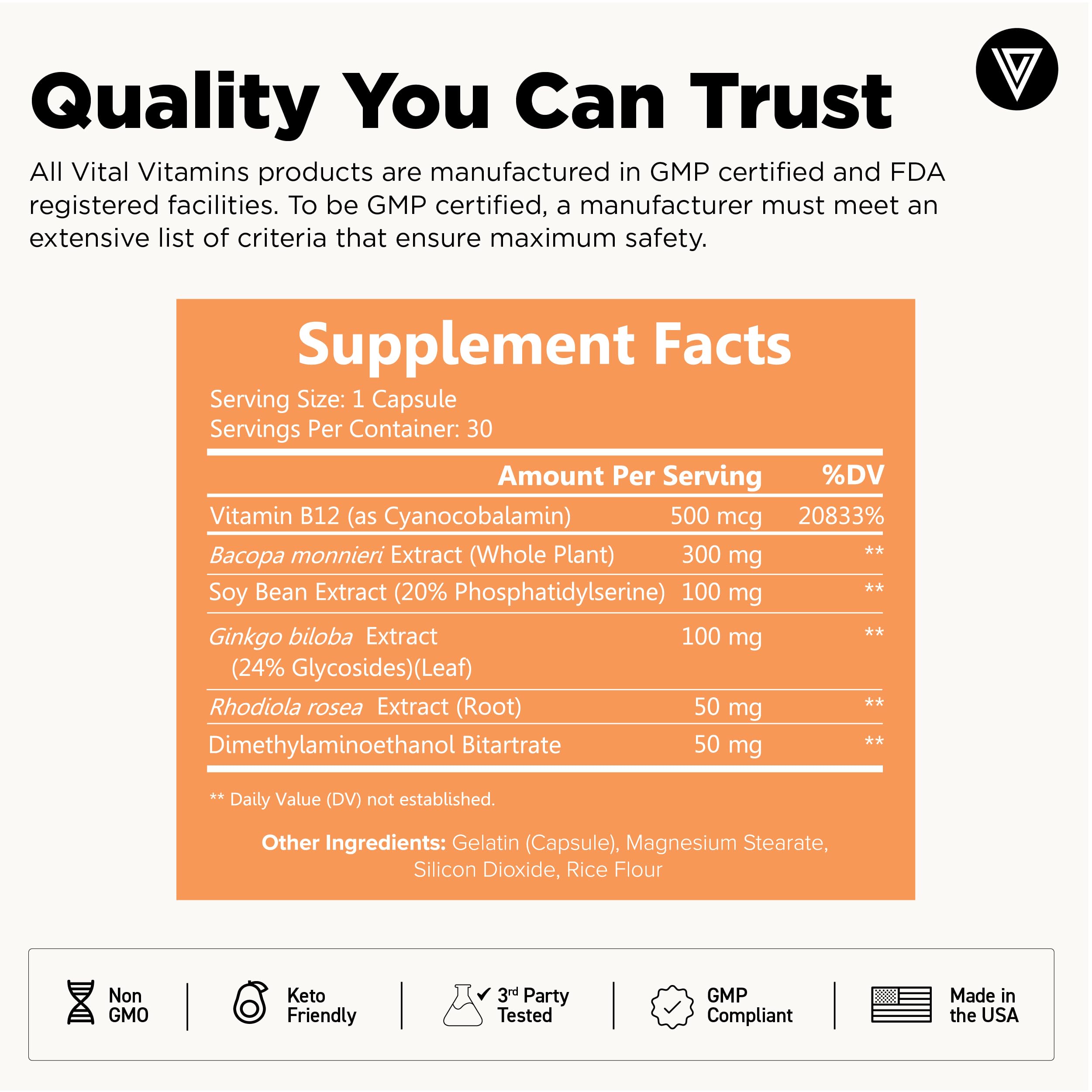 Vital Vitamins Brain Supplements with Bacopa Monnieri - for Memory and Focus – Nootropic Brain Booster - Caffeine-Free Support for Adults & Seniors – Non-GMO, 30-Day Supply, 30 Capsules