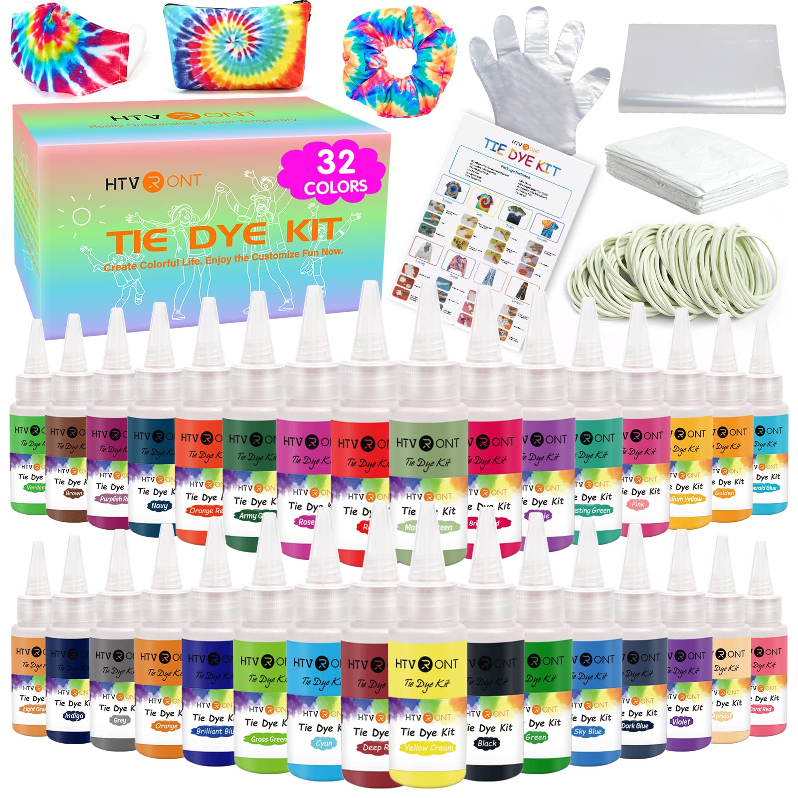 HTVRONT Tie Dye Kit - 32 Vibrant Colors Pre-Filled Bottles Tyedyedye Kit, Permanent Non-Toxic for Large Groups Kids Adults,Tye Fabric Textile Handmade Party(Just Add Water)