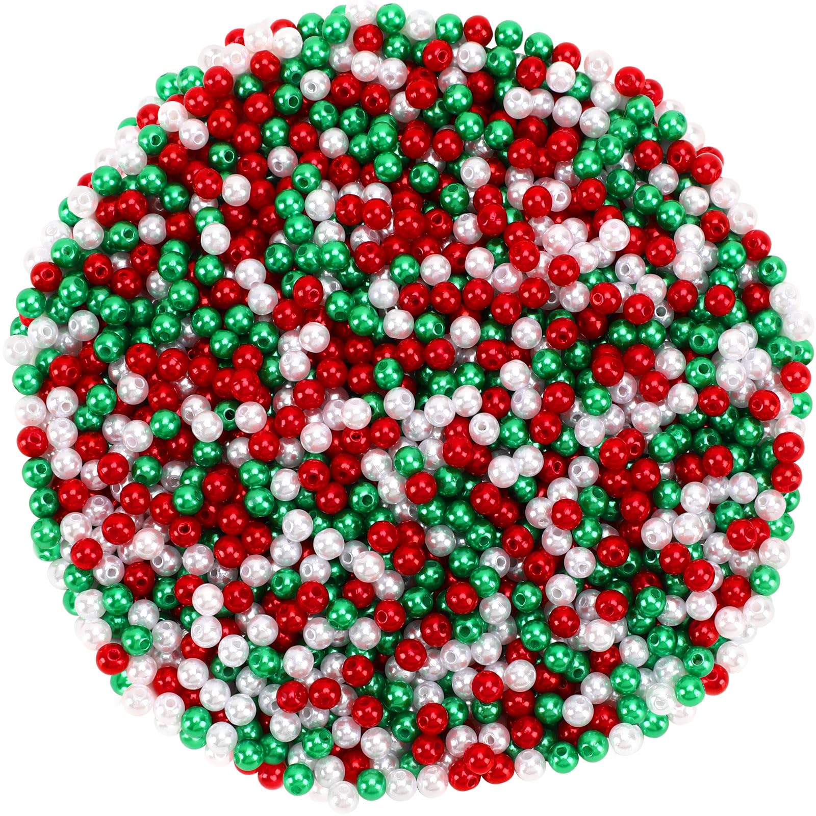 UPINS 1200Pcs Christmas Pearl Beads, Red Green and White Beads Xmas Holiday Party Decoration Necklace Earrings Hair 6mm Beads DIY Ornament Kit