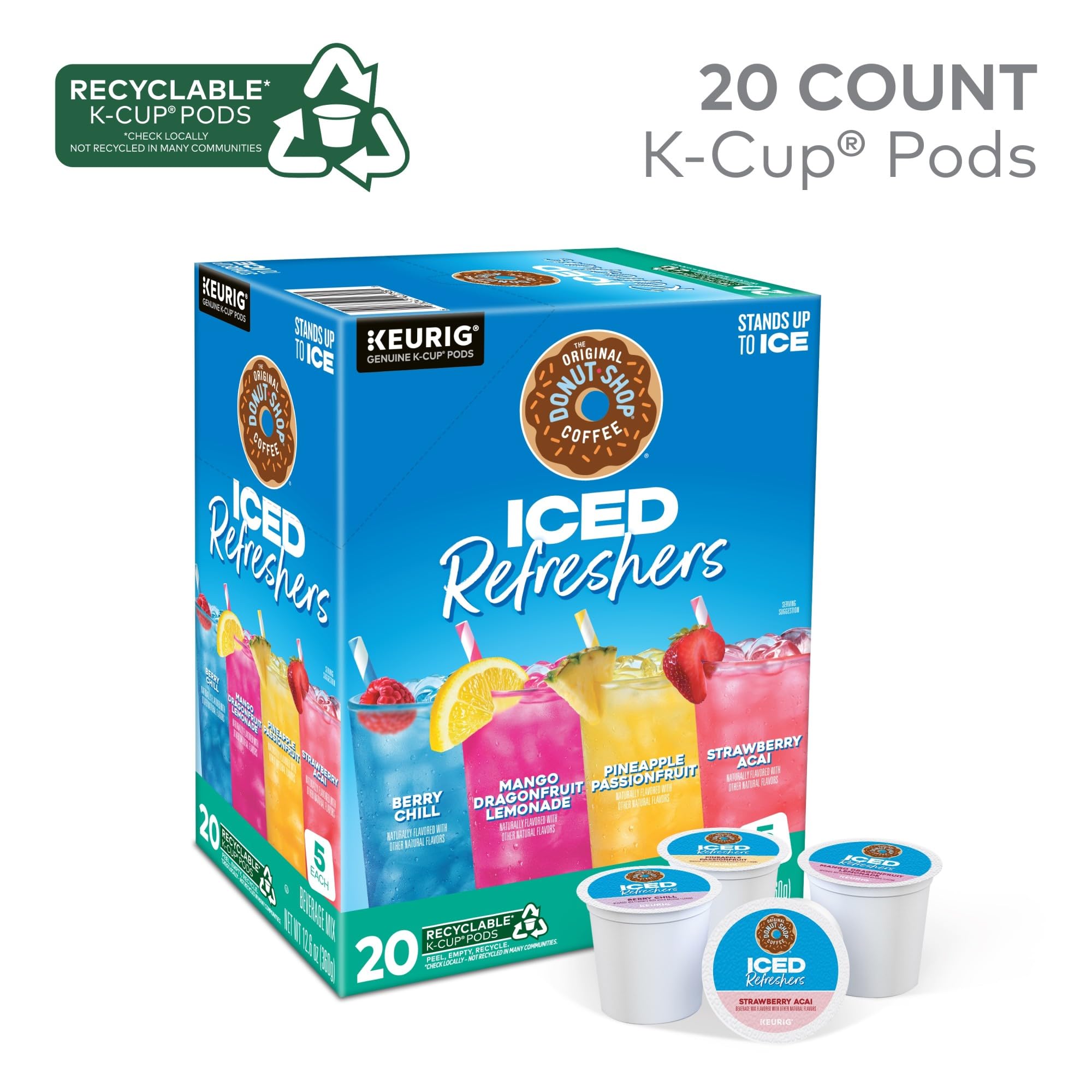The Original Donut Shop, Iced Refreshers, Keurig Single Serve K-Cup Pod Variety Pack, Strawberry Acai, Pineapple Passionfruit, Mango Dragonfruit Lemonade, Berry Chill, 20-Count