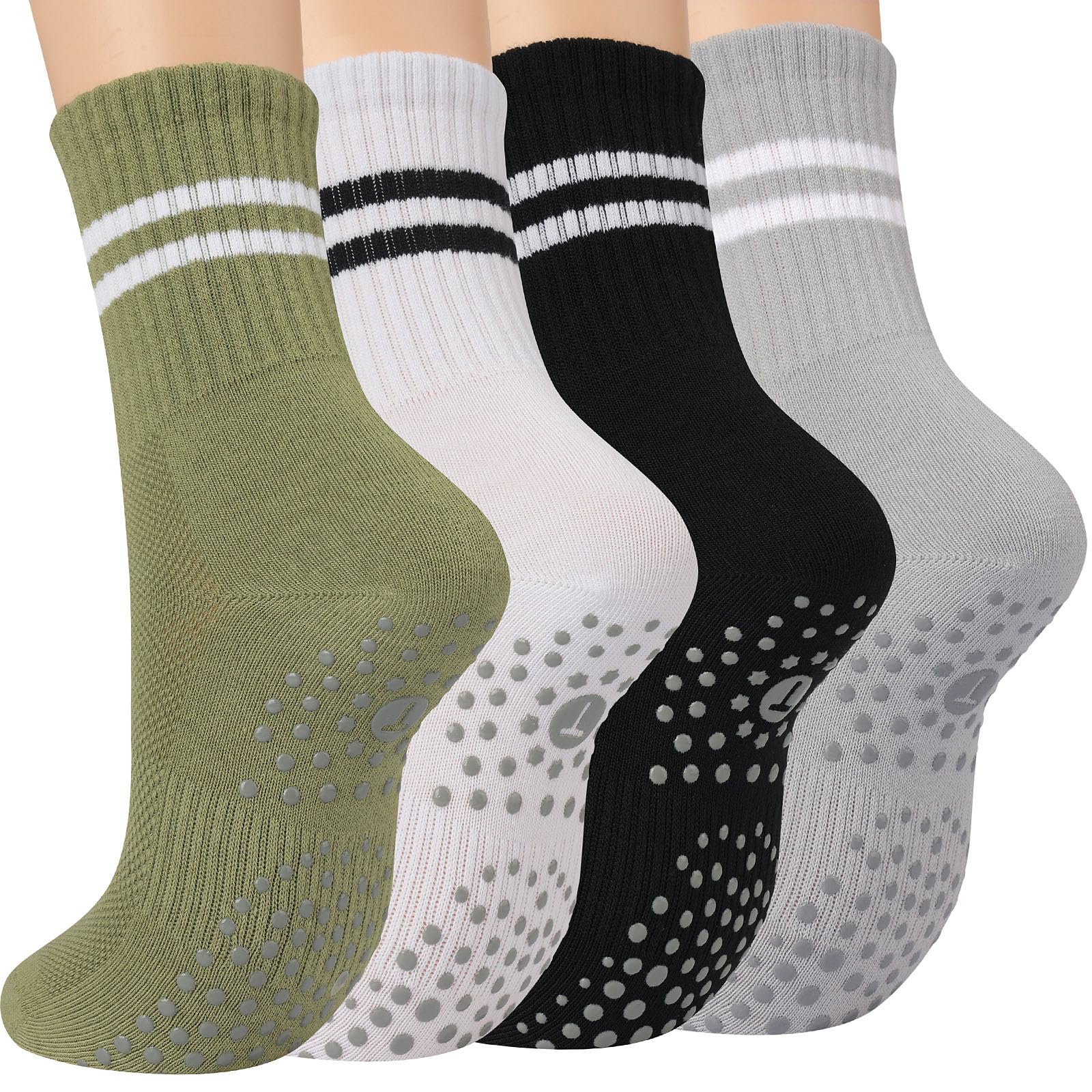 Toes Home Pilates Socks for Women with Non Slip Grippers, Yoga Crew Socks for Barre Hospital Exercise Workout Sticky Athletic Slipper Socks 4 Pairs Brown White