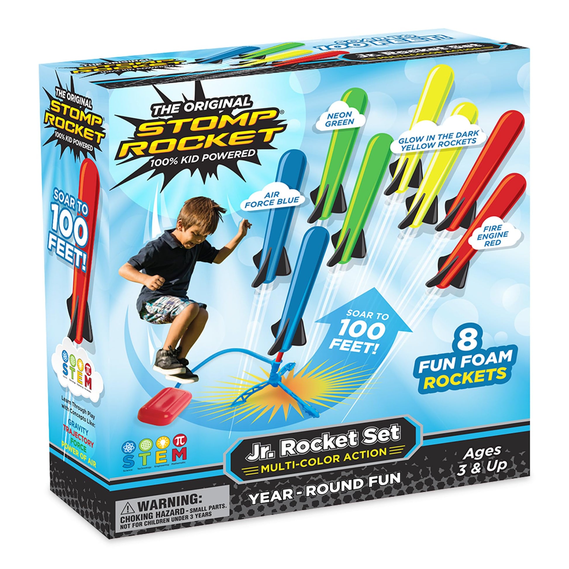 Stomp Rocket Jr Glow Rocket Launcher for Kids - 4 Glow-in-The-Dark Rockets - Outdoor Fun Toy Gift for Boys & Girls - STEM Soft Foam Blaster Set Soars Up to 100 Feet - Ages 3 & Up