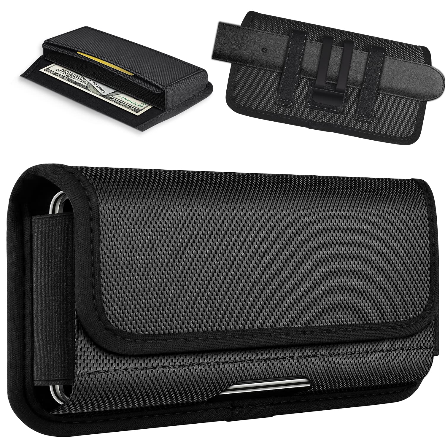 ykooe Rugged Nylon Holster Compatible with iPhone 16 15 14 13 12 & Pro Models, Galaxy S25, S24, S23, S22 Cell Phone Belt Holder for Men, Black - L