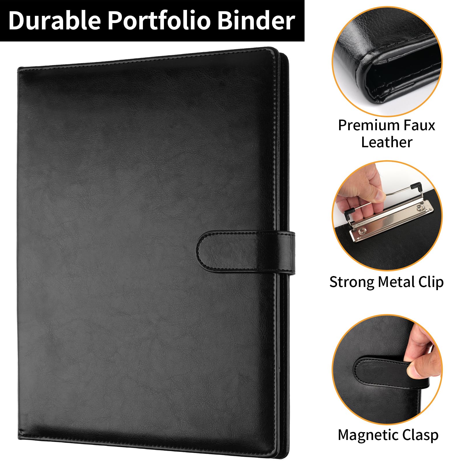 Professional Padfolio with Clipboard, Faux Leather Portfolio Folder Binder, Legal Pad Holder for A4 Letter Size Notepad, Resume, Writing Pad, Ideal Organizer for Business Office Conference, Black