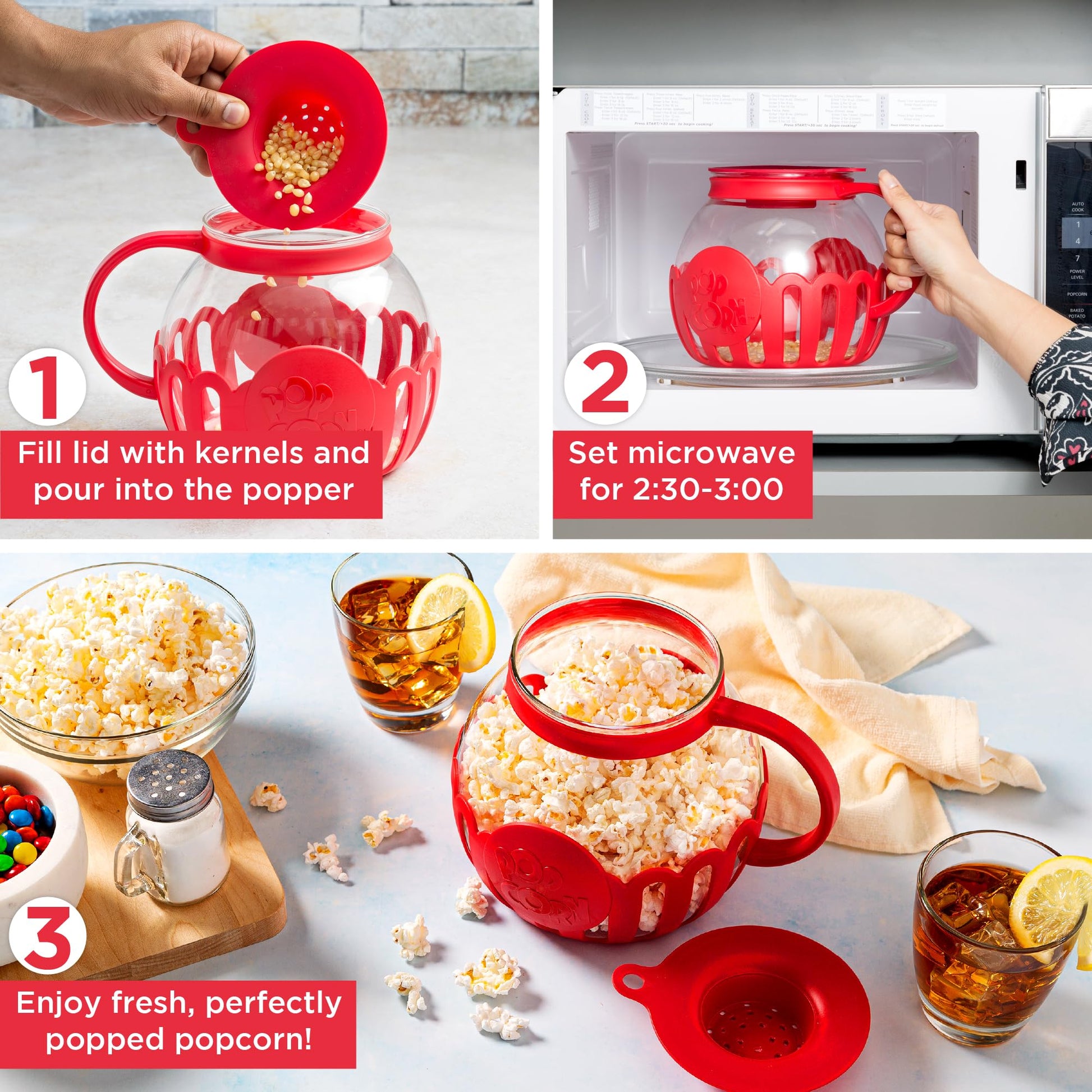 Ecolution Patented Micro-Pop Microwave Popcorn Popper with Temperature Safe Glass, 3-in-1 Lid Measures Kernels and Melts Butter, Made Without BPA, Dishwasher Safe, 3-Quart, Red
