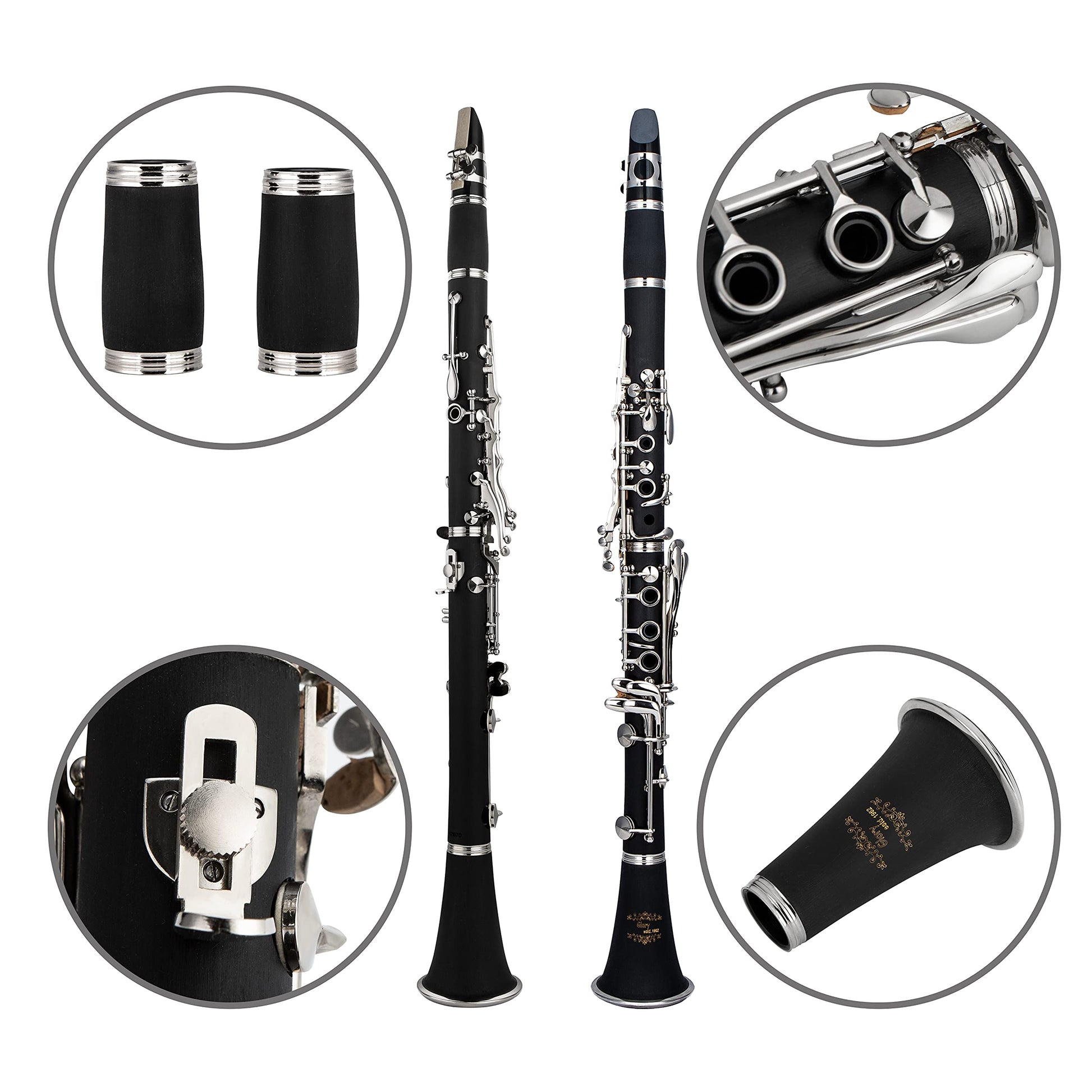 Glory GLY-PBK Professional Ebonite Bb Clarinet with 10 Reeds, Stand, Hard Case, Cleaning Cloth, Cork grease, Mouthpiece Brush and Pad Brush, Black
