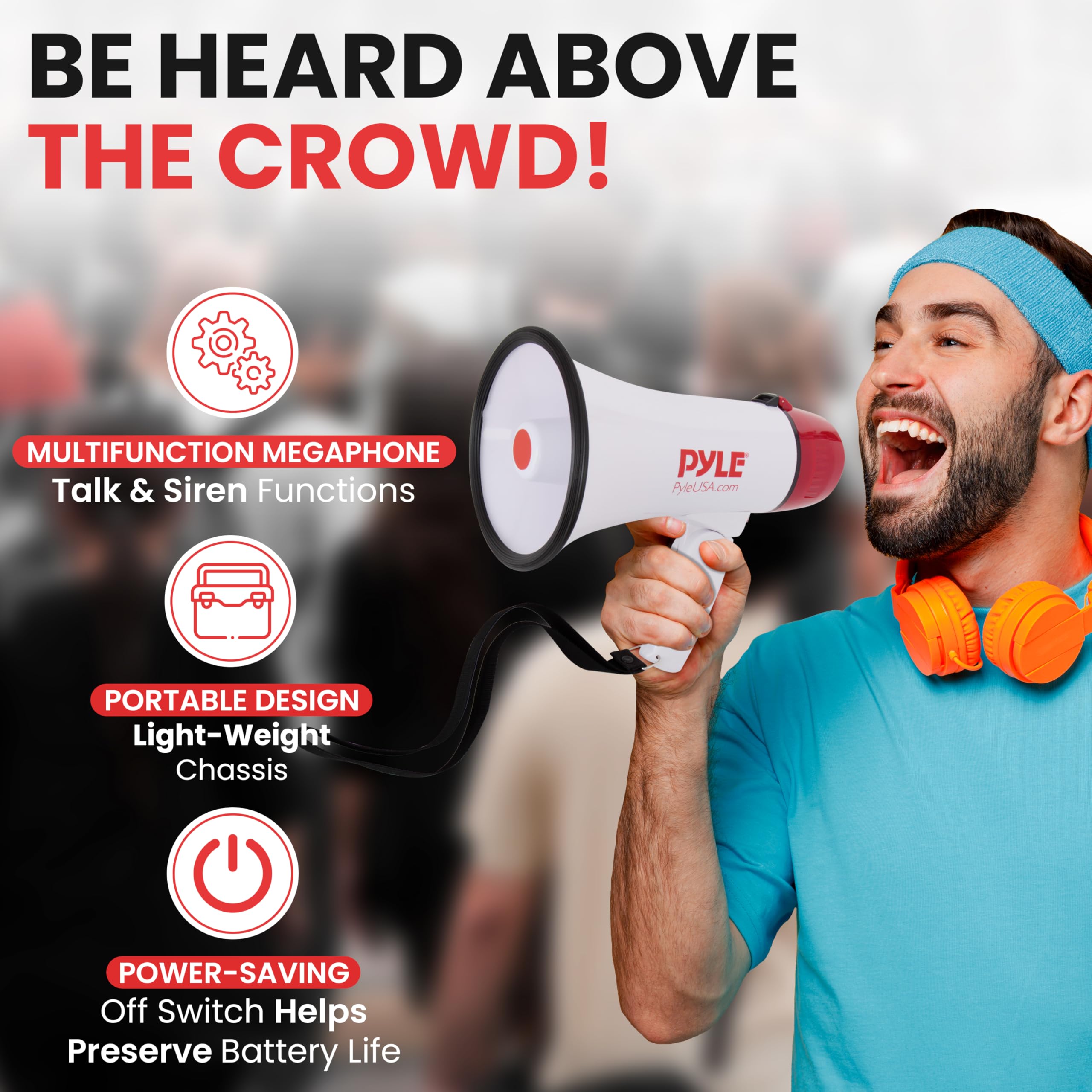 Pyle 20W Megaphone Bullhorn - 5.4'' x 8.6'' Portable Megaphone, Projection Range Up to 800 Sq. Yards, Voice Talking & Siren Alert, Shoulder Strap, Battery Operated, (White)