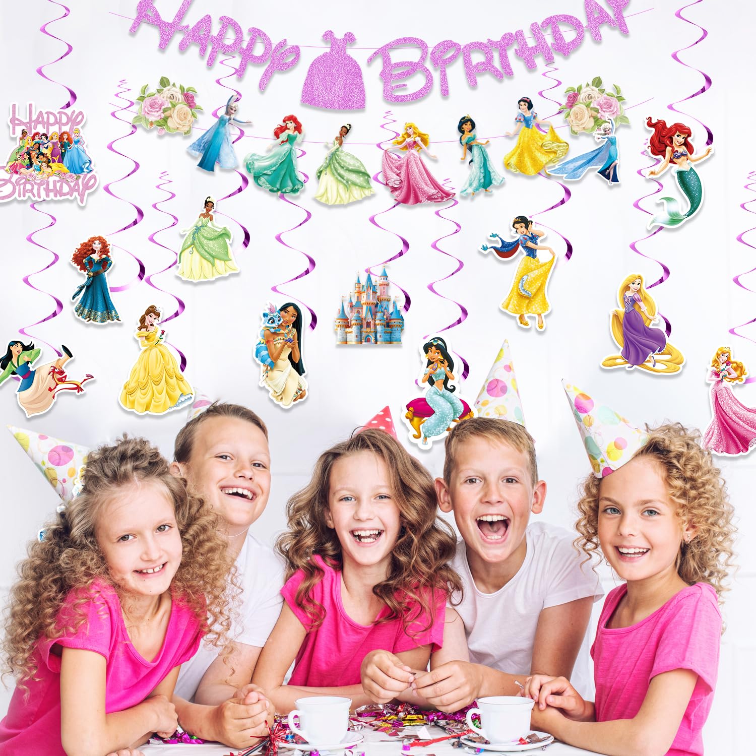 Princess Birthday Party Decorations Include 1pc Glitter Happy Birthday Banner,1pc Princess Banner and 14pcs Cute Hanging Swirls for Girls, Pre-Assembled Party Decorations
