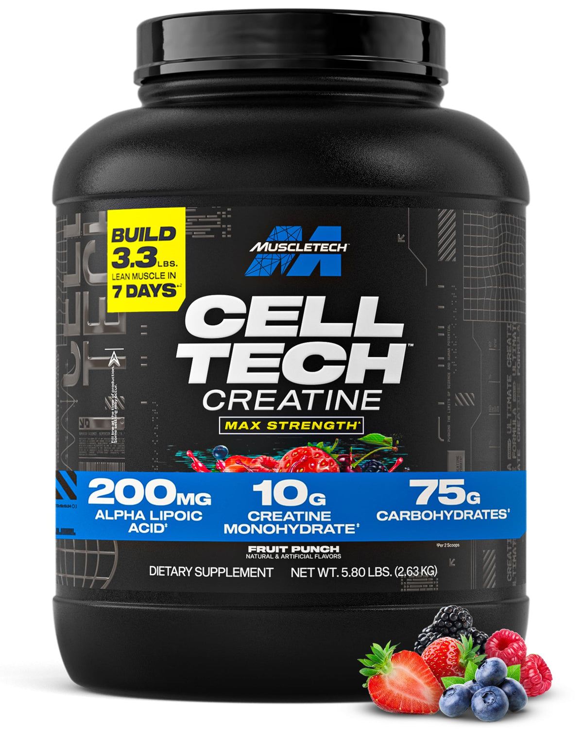 MuscleTech مسحوق الكرياتين أحادي الهيدرات - مشروب استشفاء كرياتين Cell-Tech بعد التمرين، باني العضلات ومكمل الكرياتين لبناء العضلات - فواكه استوائية، 6 أرطال (56 حصة) - قد تختلف العبوة