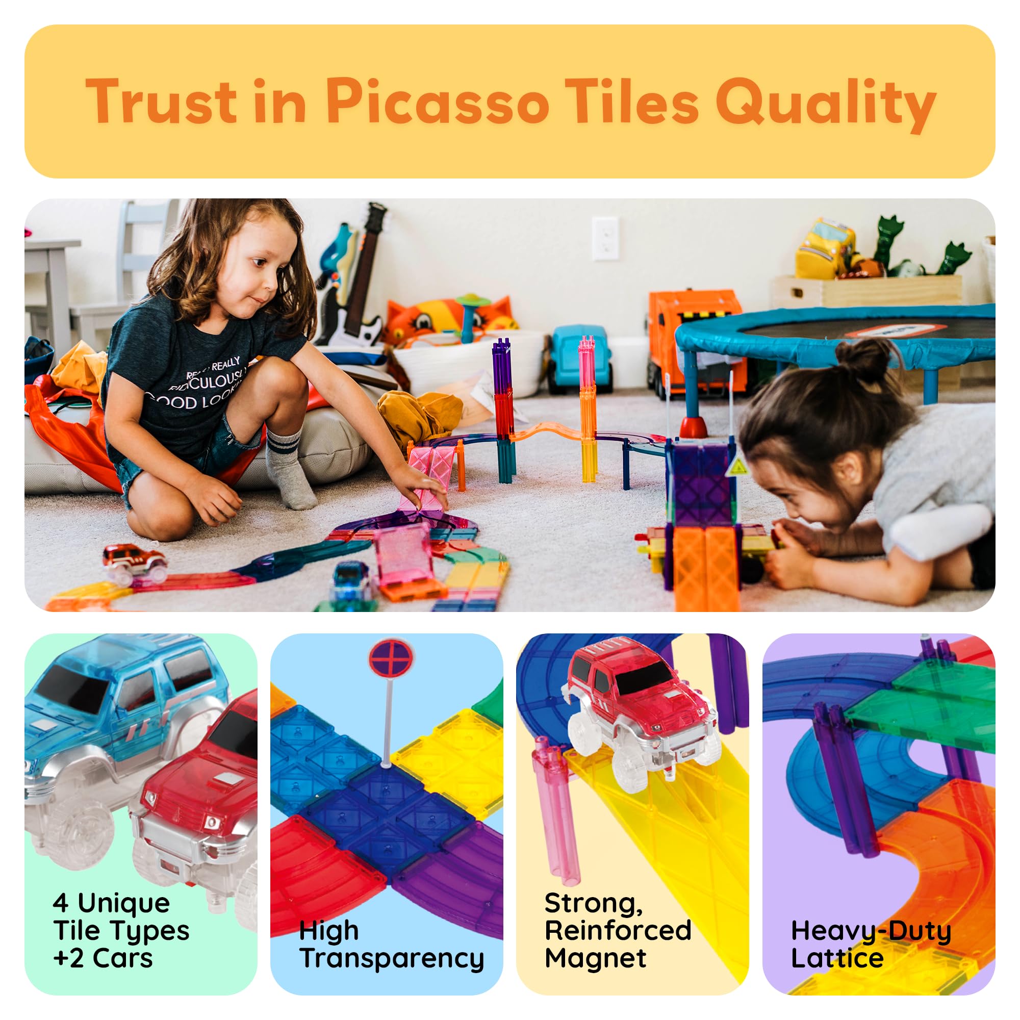 PicassoTiles Magnetic Race Track Toys Car Tracks Set for Toddlers Magnet Building Blocks Tiles Sensory Toys for Kids Include 2 Trucks STEM Engage in Thrilling Races Age 3+ Year Old Boys Girls