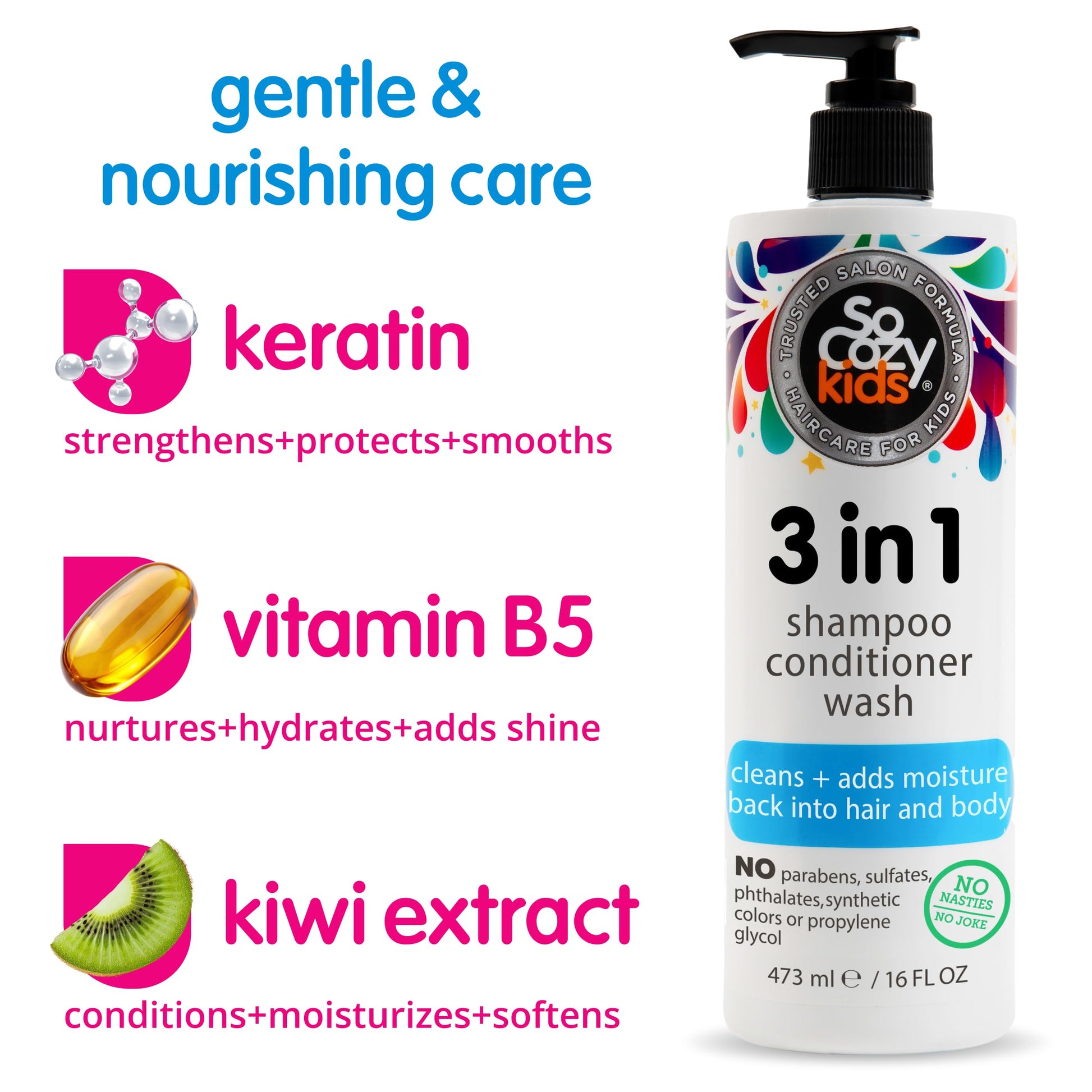 SoCozy 3 in 1 Kids Shampoo + Conditioner + Body Wash (16 Fl Oz) Gentle, Hydrating Hair & Body Cleanser with Keratin, Vitamin B5, & Kiwi Extract, Paraben & Sulfate-Free