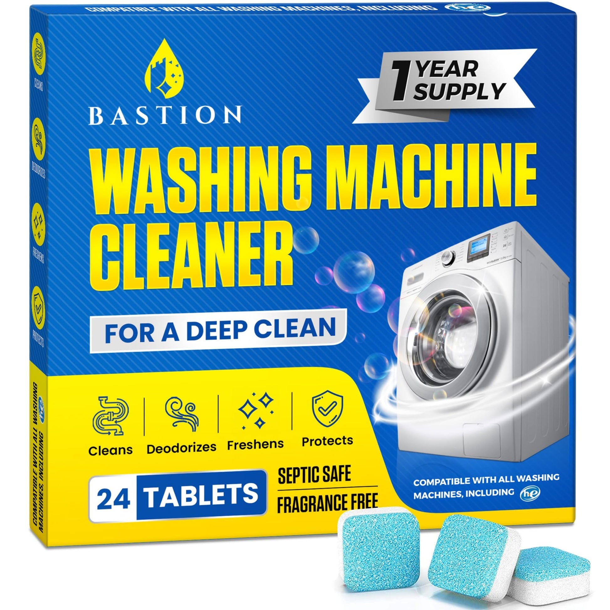 Washing Machine Cleaner Tablets 24 pack Powerful Descaler -Deep Cleaning for HE Front Loader & Top Load Washer Septic Safe Eco-Friendly Deodorizer Clean Drum & Laundry Tub Seal- Year's Supply