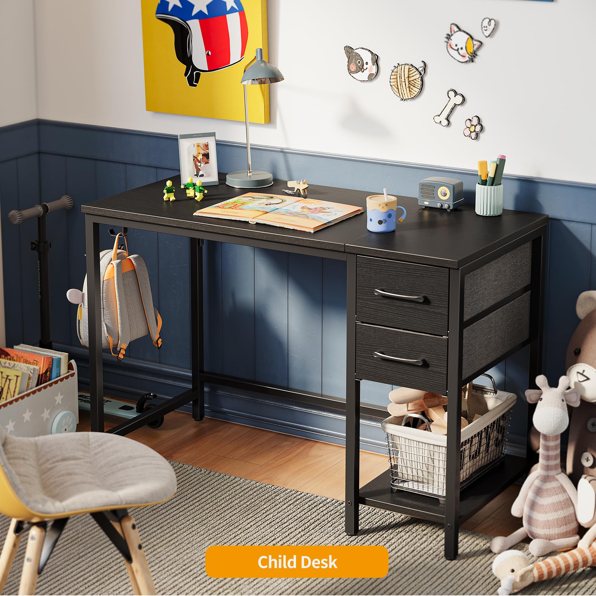 CubiCubi Computer Desk with 2 Drawers, 40 Inch Small Home Office Desk Study Writing Table, Modern Black