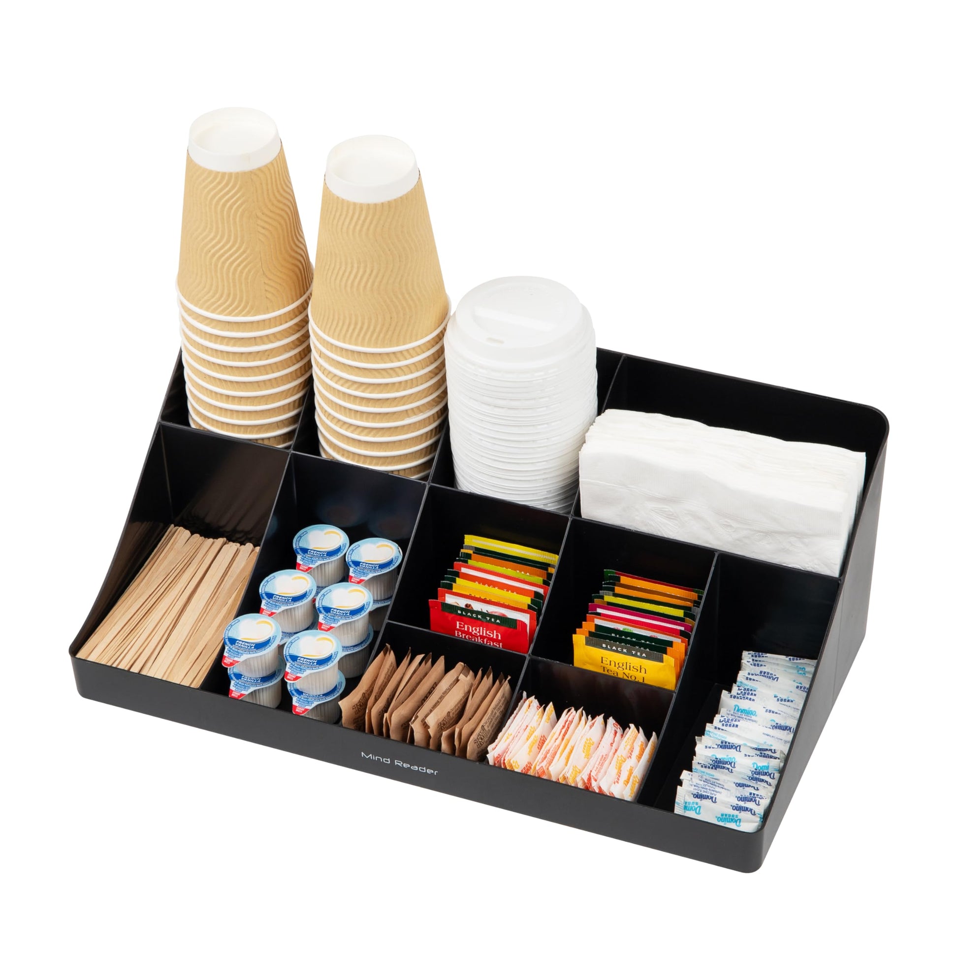 Mind Reader Cup and Condiment Station, Countertop Organizer, Coffee Bar, Kitchen, Stirrers, 17.875"L x 9.5"W x 6.625"H, Black