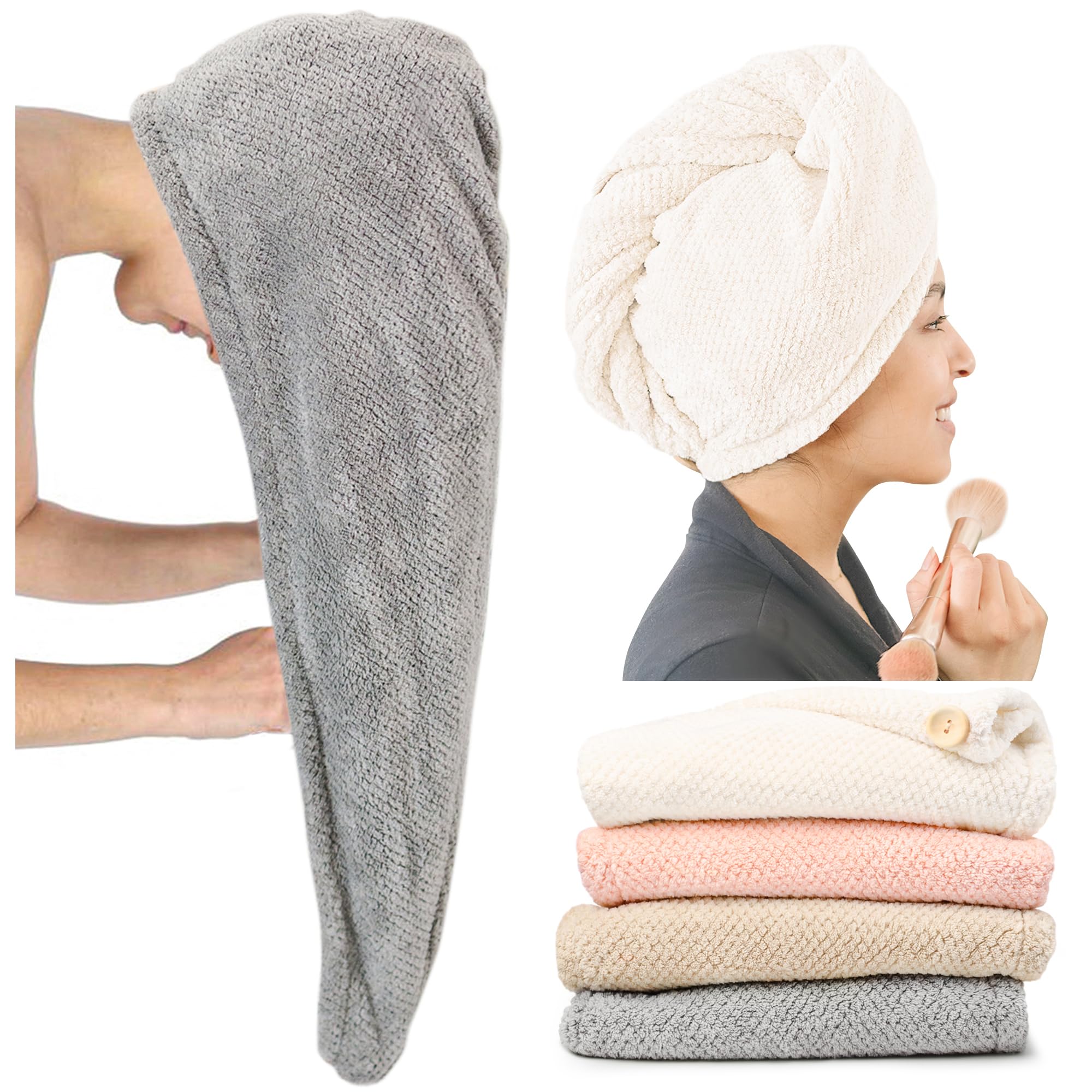ROLSHOL Extra Großer 4er Pack Mikrofaser-Haarturban für Damen, super saugfähig & schnell trocknend, Haartrockentücher mit Knopf, Haarturbane für lockiges Haar, langes & kurzes Haar – Anti-Frizz