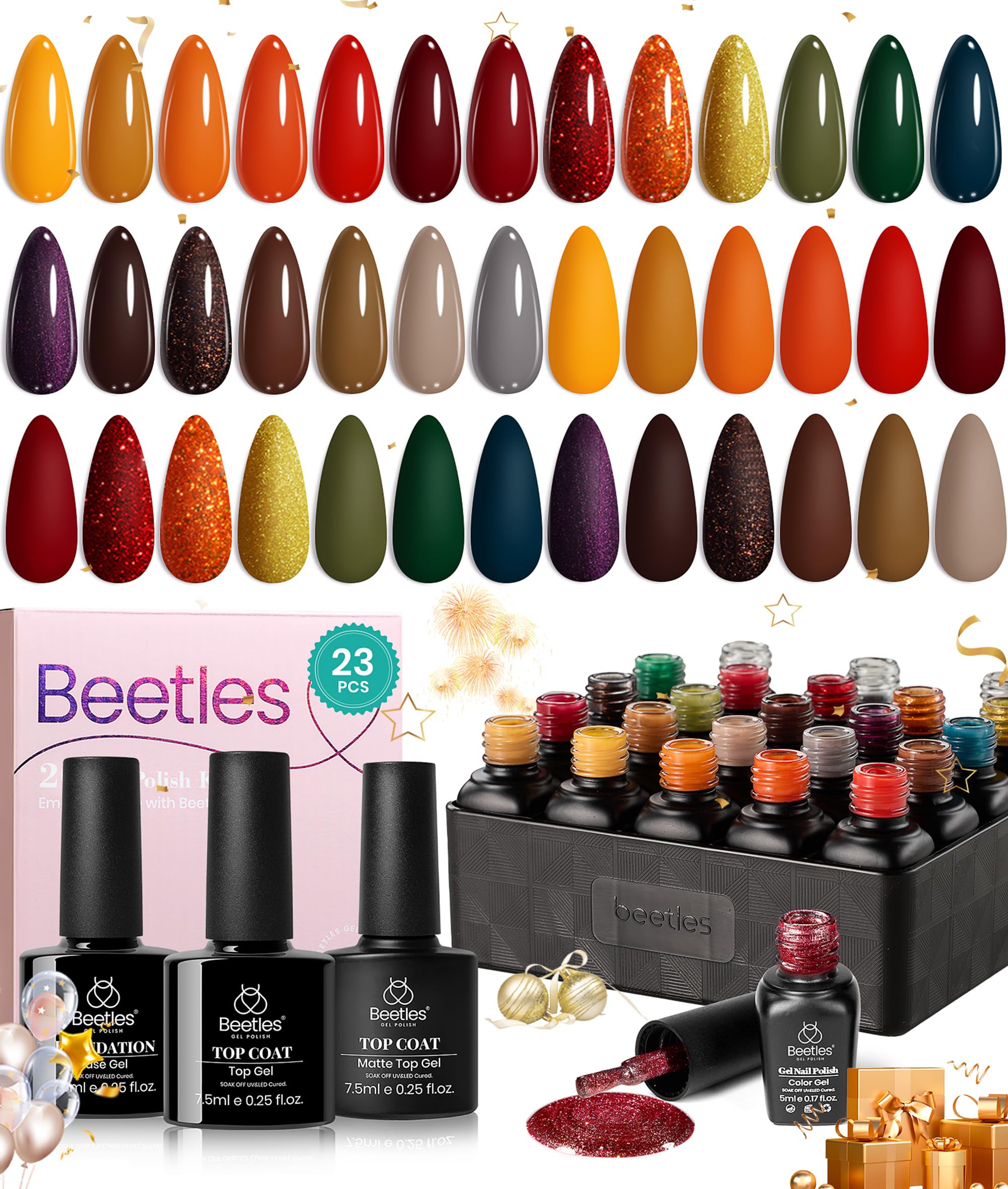 beetles Gel Polish Nail Set 20 Colors Cozy Campfire Collection Orange Yellow Green Brown Fall Winter Gel Polish Set Soak Off Uv Lamp Need Base Glossy & Matte Top Coat Manicure Kit Gift for Girls