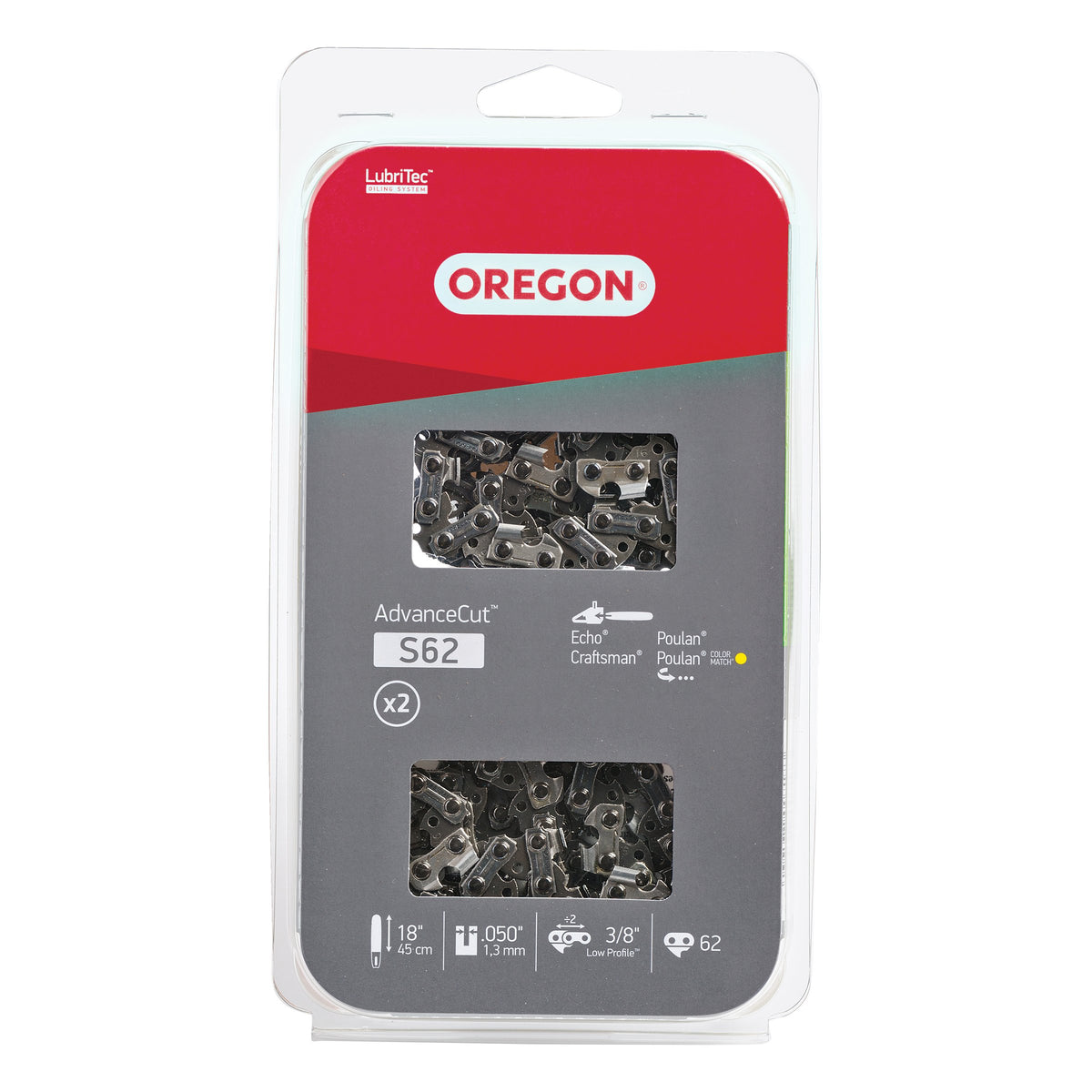 Oregon S62T AdvanceCut Sägekette 2er-Pack, für 45 cm Schiene, 62 Treibglieder, 2x Ersatz-Sägekettenblätter, 1,3 mm Spurweite, 3/8 Zoll Teilung, passend für Craftsman, Atlas, Homelite, Ryobi, Ego & mehr