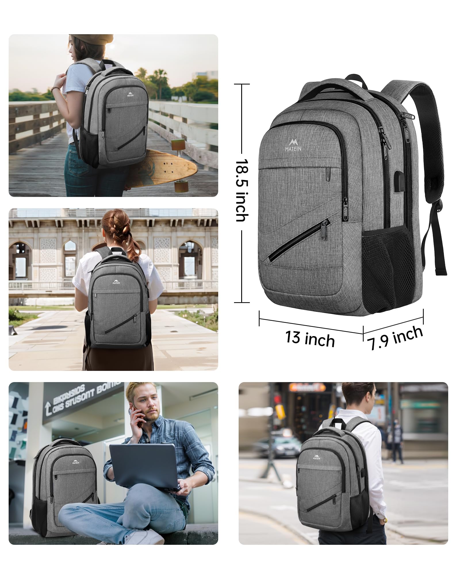 MATEIN Travel Laptop Backpack, 17 Inch Work TSA Approved Carry on Backpack, Large Computer Business Bag for Men Women with USB Port and Trolley Sleeve, College School Rucksack Book Bag, Grey
