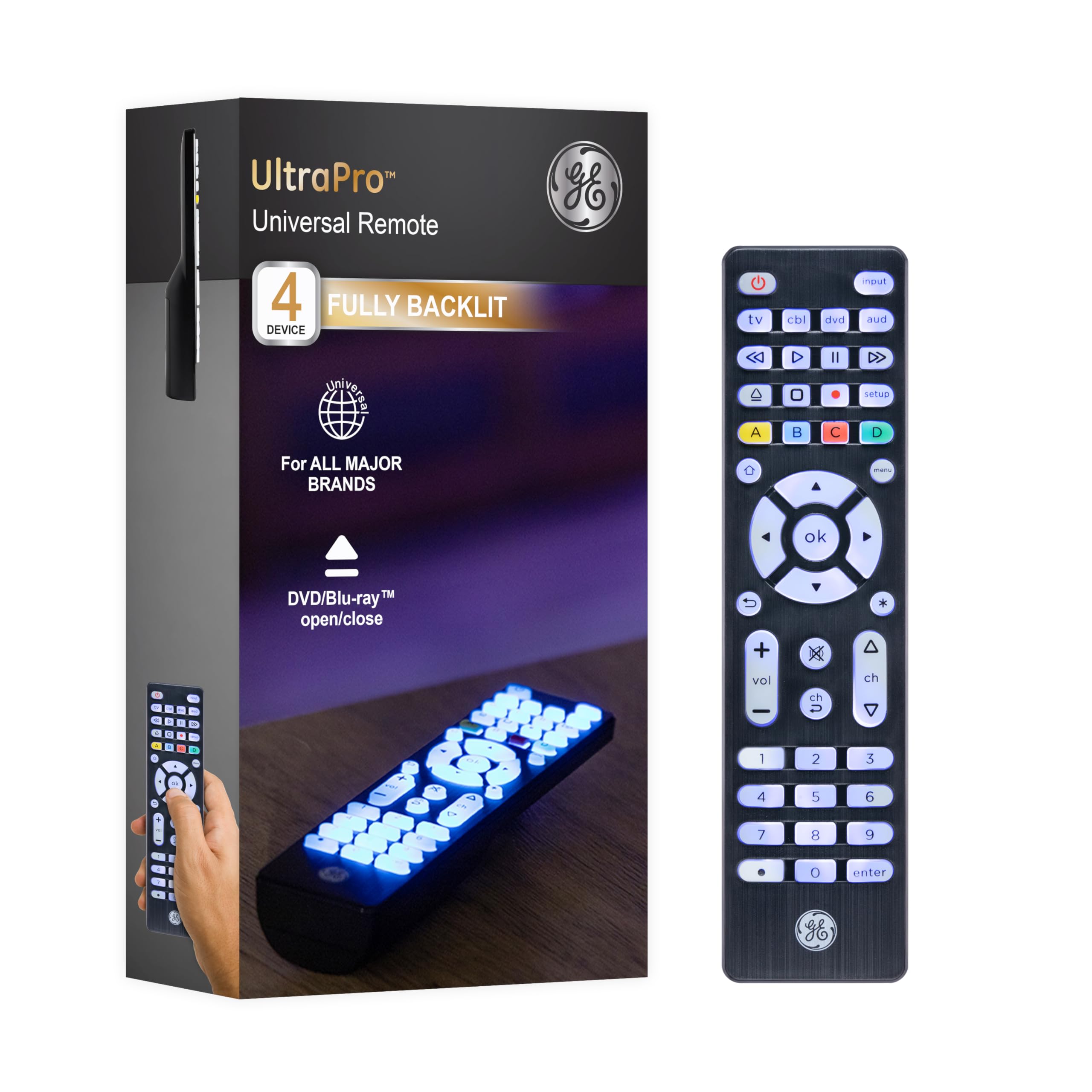 GE Blaue beleuchtete Tasten Universalfernbedienung, Samsung TV-Fernbedienung Ersatz, Samsung Fernbedienung für Smart TV, Roku Fernbedienung Ersatz, Vizio, LG TV, Sony, 4 Geräte, gebürstetes Schwarz 48843
