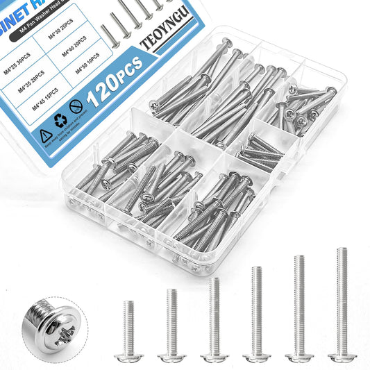 TEOYNGU 120PCS Assortment，Cabinet Pull and Knob Screws, M4×25/30/35/40/45/50mm, Machine Screws with Pan Washer Head, Metal Phillips Screws Kit for Drawer, Cupboard, Closet Handle Installation