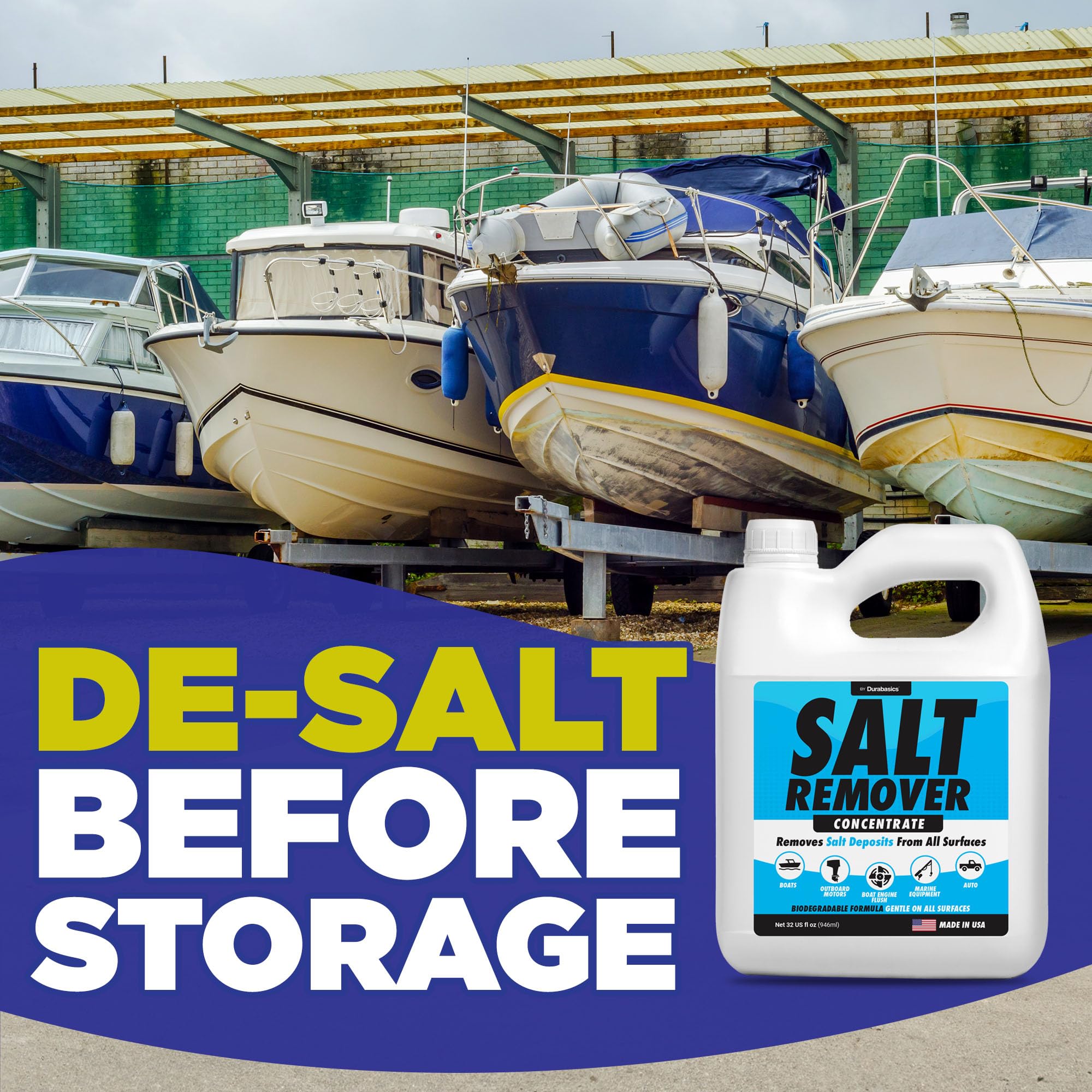 Durabasics Salt Remover Concentrate Kit - Ultimate Boat Salt Remover for Boats & Marine Engine Flush - 32 OZ with Hose Applicator - Perfect for Outboard Motor Flush & Washing Salt Deposits Away