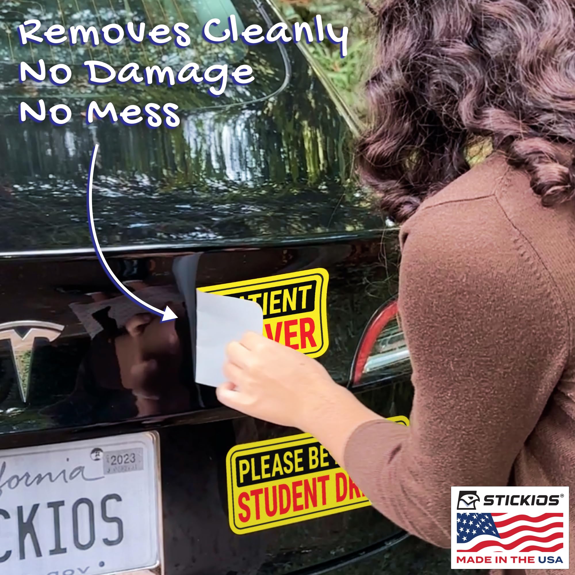 Stickios Non-Magnetic Student Driver Stickers - Removable Vinyl Decal Signs for Cars & Windows - Made in USA (10x4 inches, 2-Pack)