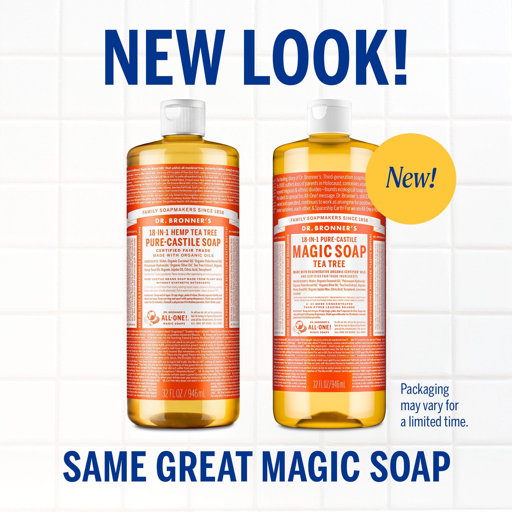 Dr. Bronner's Pure-Castile Magic Soap Liquid (Tea Tree, 32 ounce, 2-Pack) - Made with Regenerative Organic Certified Oils, 18-in-1 Uses: Body, Hair, Laundry & Dishes, Concentrated, Vegan, Non-GMO