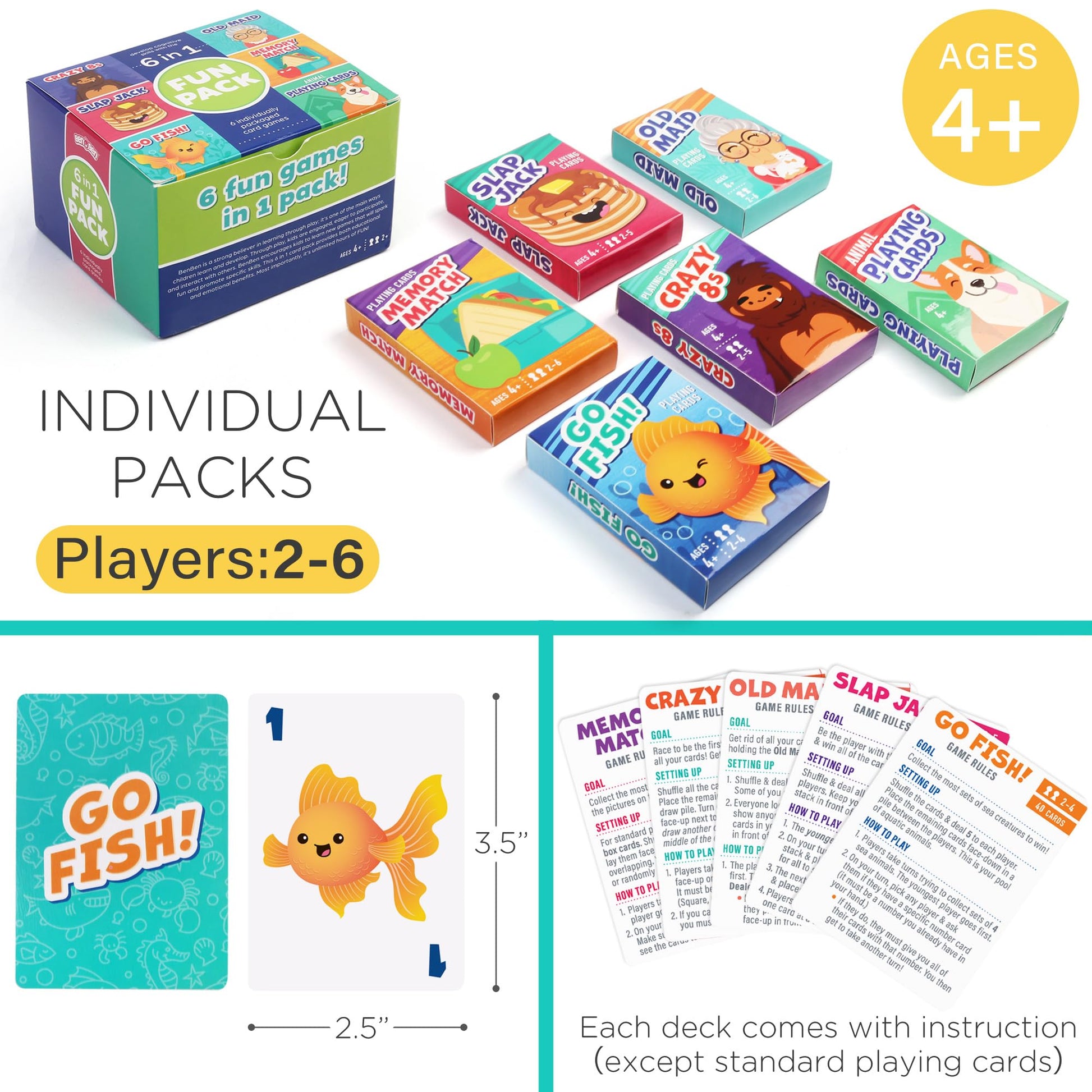 LotFancy Card Games for Kids, 6 Decks, Go Fish, Old Maid, Crazy Eights, Memory Match, Slap Jack, Animal Playing Cards, Easter Basket Stuffers, Stocking Stuffers, Birthday Gifts