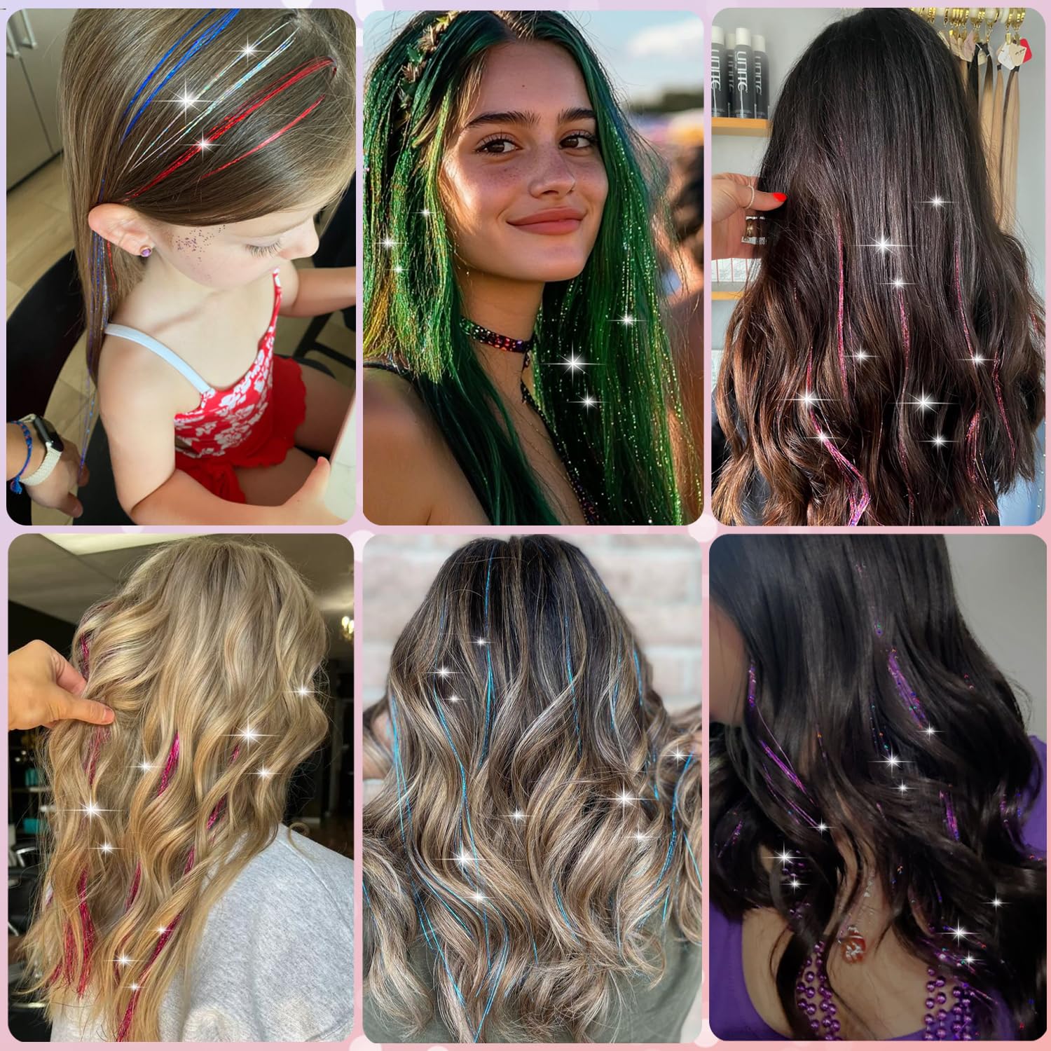 Aokomisu Hair Tinsel, 18 Colors 7800 Strands 48 Inch Glitter Tinsel Hair Extensions Kit Heat Resistant Daily Use Festivals Shiny Fairy Hair Accessories for Girls Kids Women (18 Colors)